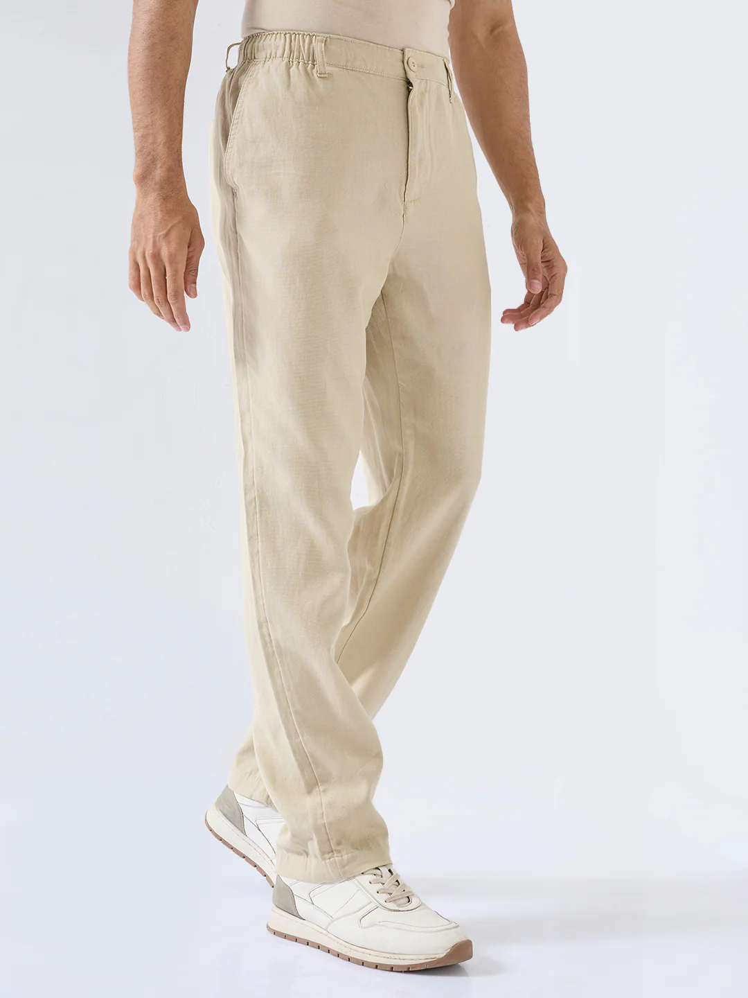 Men Trouser Relaxed Fit Beige Mid Rise - Image 3