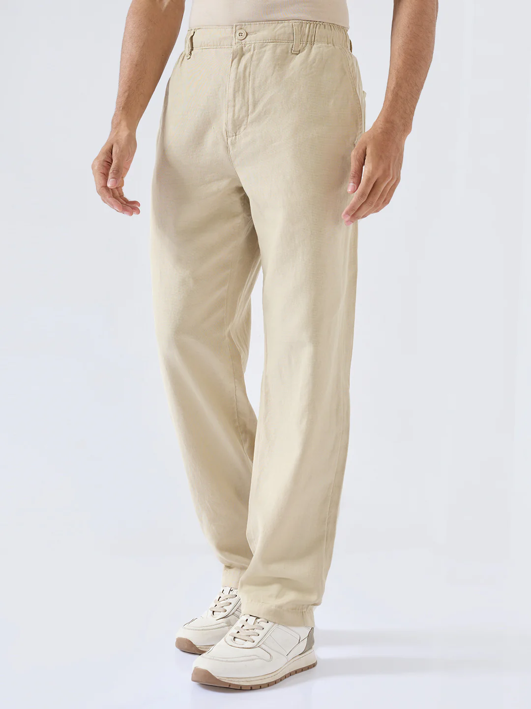 Men Trouser Relaxed Fit Beige Mid Rise - Image 4