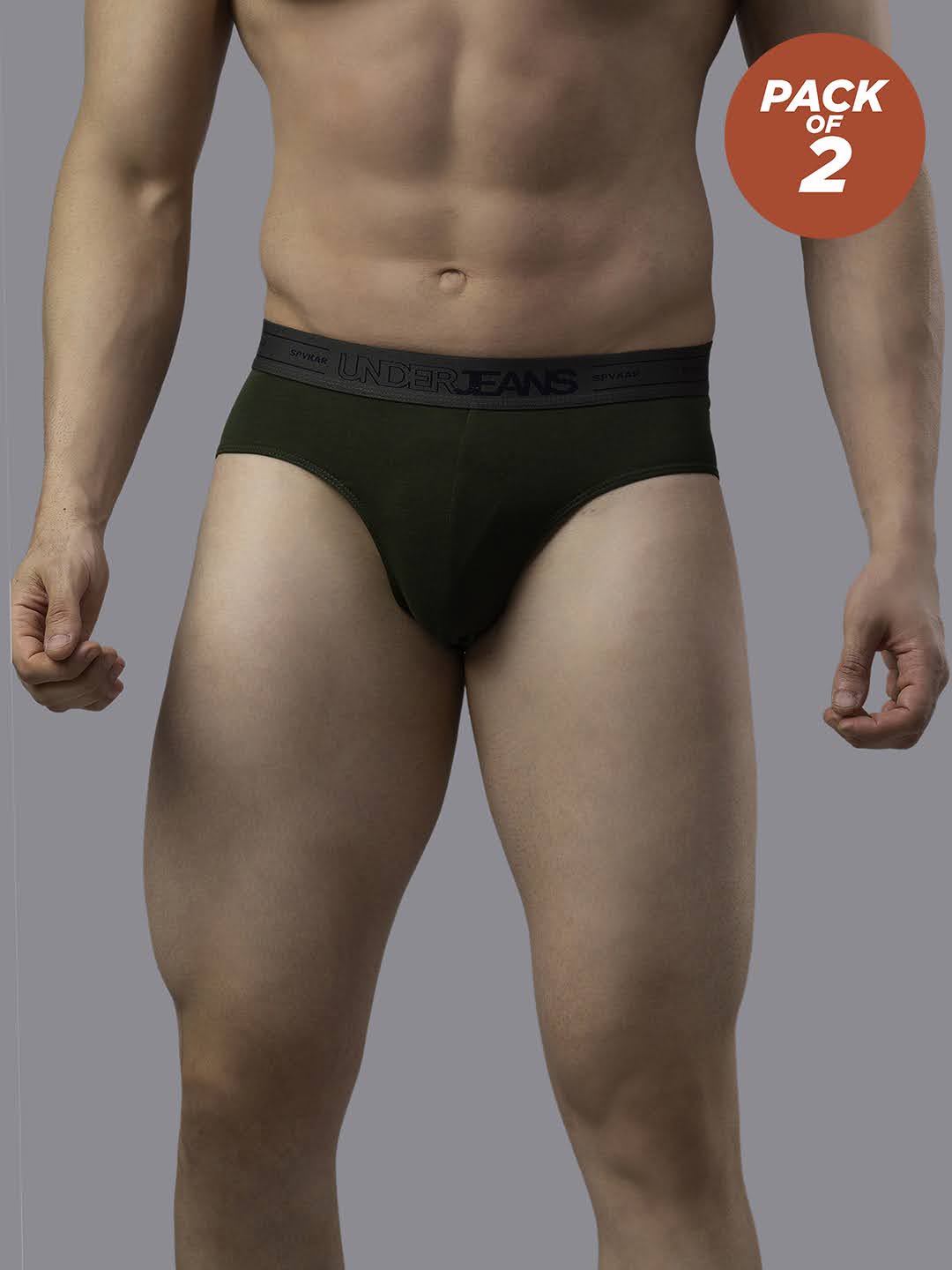Underjeans Pack Of 2 Cotton Blend Olive Briefs