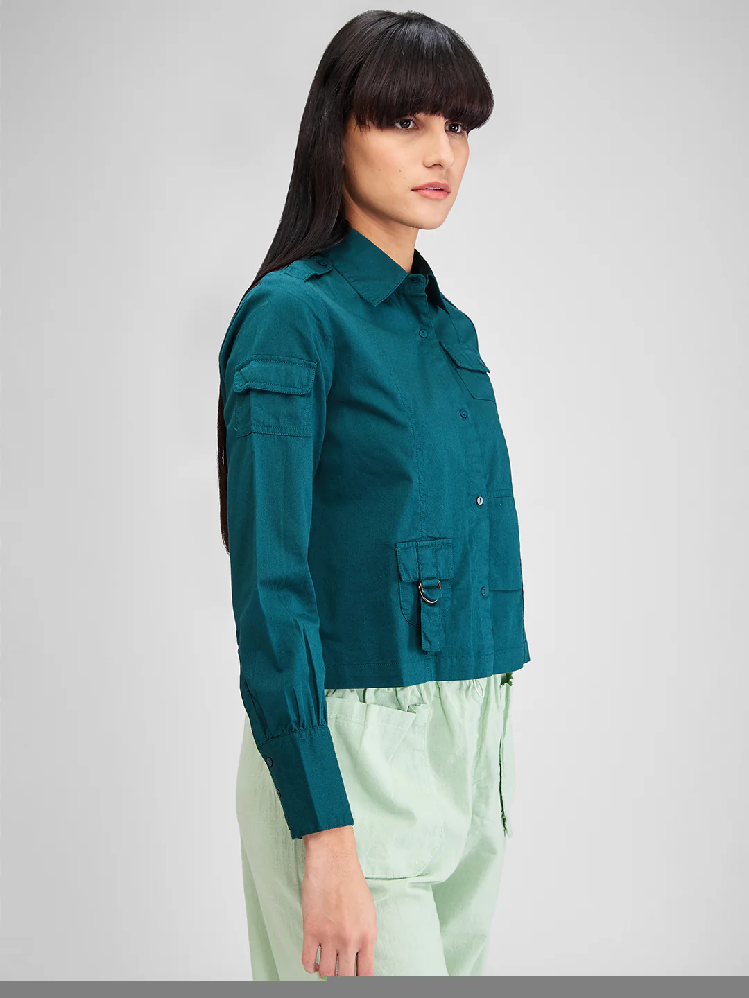 Women Shirt Solid Green Comfort Fit - Image 4