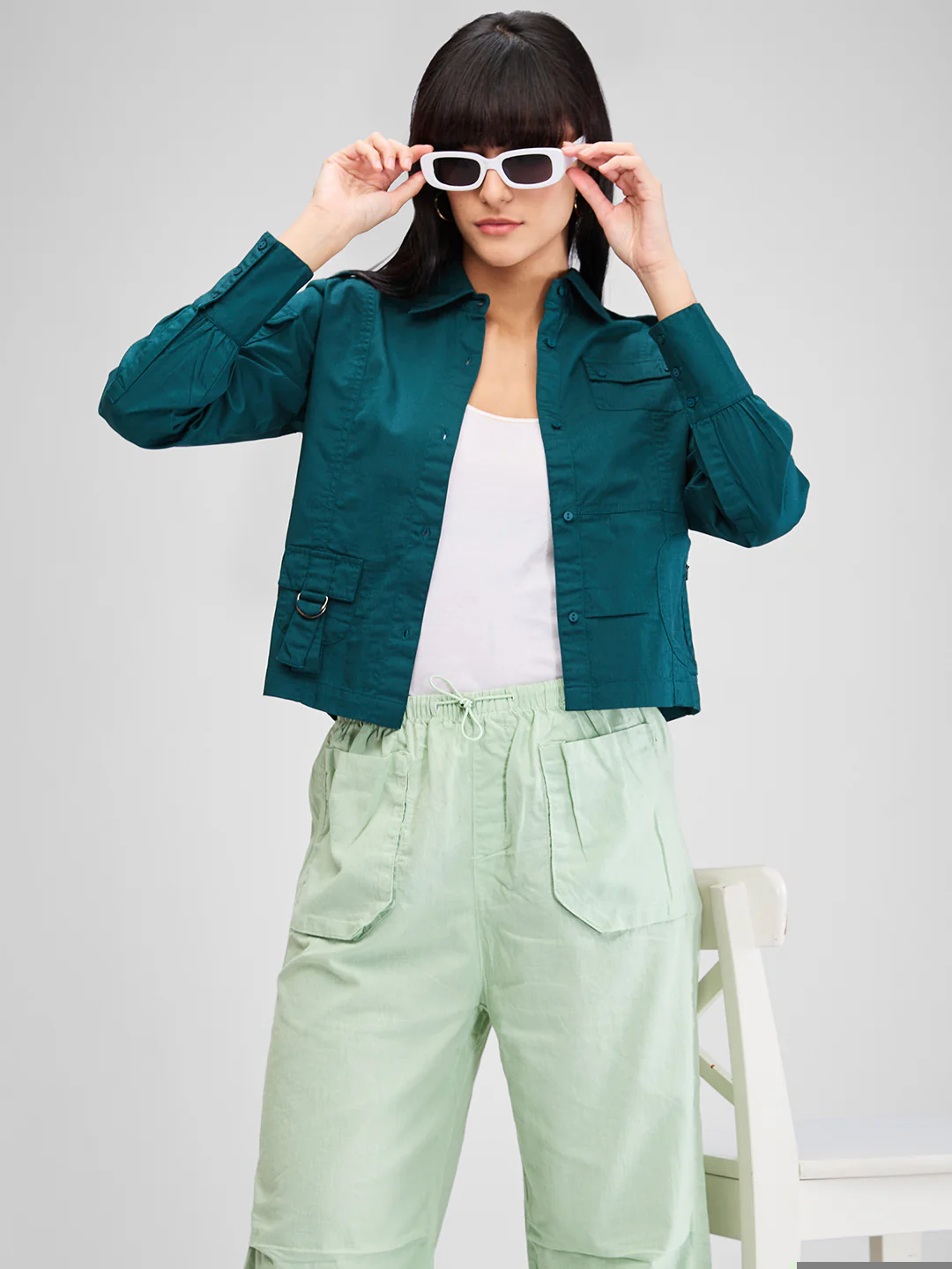 Women Shirt Solid Green Comfort Fit - Image 6