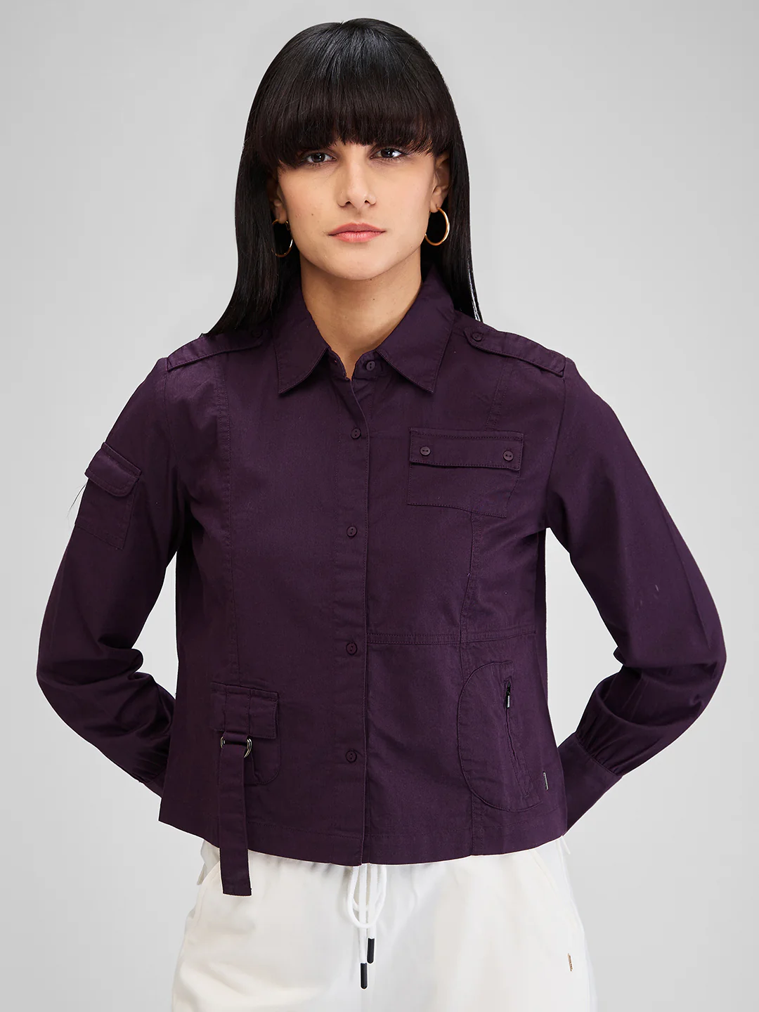 Women Shirt Solid Plum Comfort Fit