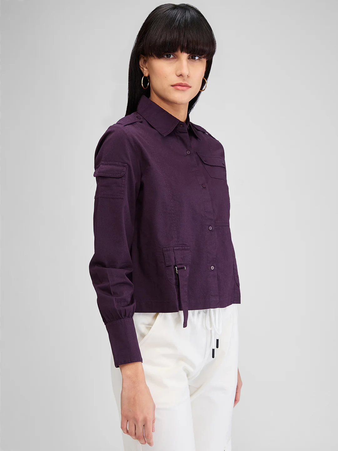 Women Shirt Solid Plum Comfort Fit - Image 4
