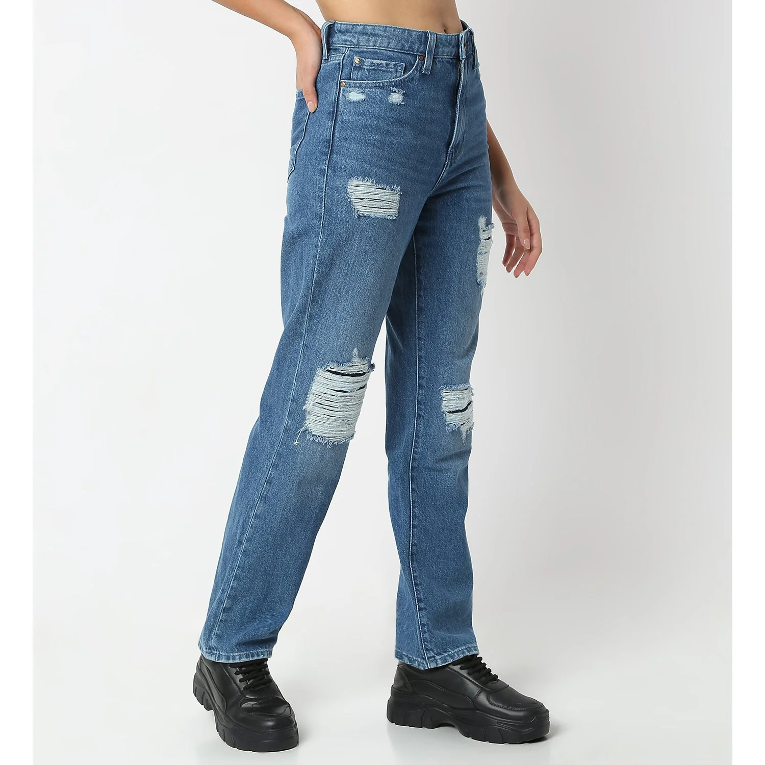 Women Jeans Straight Fit Blue High Rise - Image 3