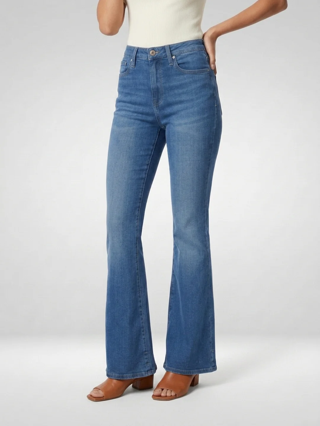 Women Flare Fit Jeans Flare Leg Mid Blue Mid Rise - Image 2