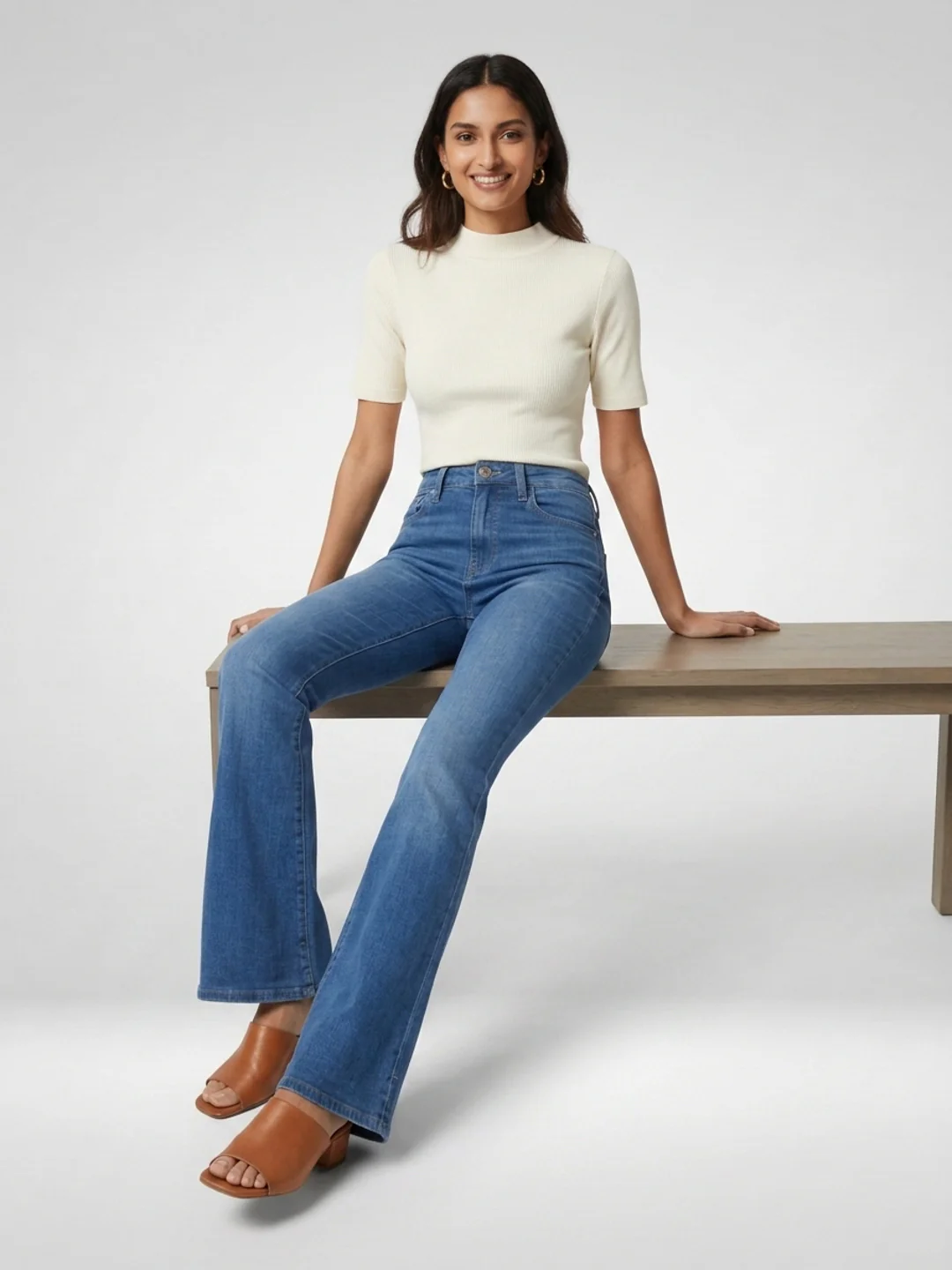 Women Flare Fit Jeans Flare Leg Mid Blue Mid Rise - Image 6