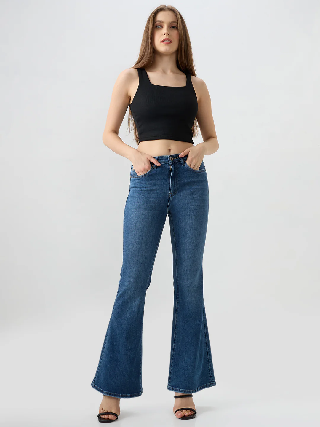 Women Flare Fit Jeans Flare Leg Blue Mid Rise - Image 5
