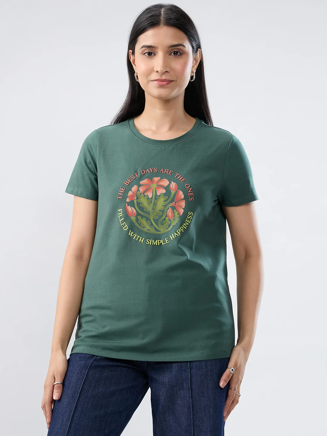Women T-Shirt Graphic Green Regular Fit
