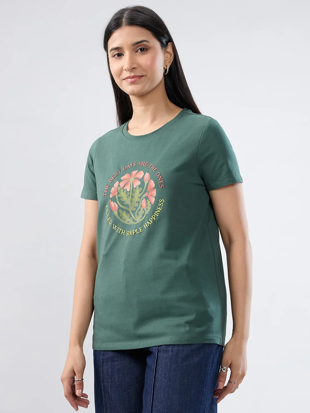 Women T-Shirt Graphic Green Regular Fit - Image 3