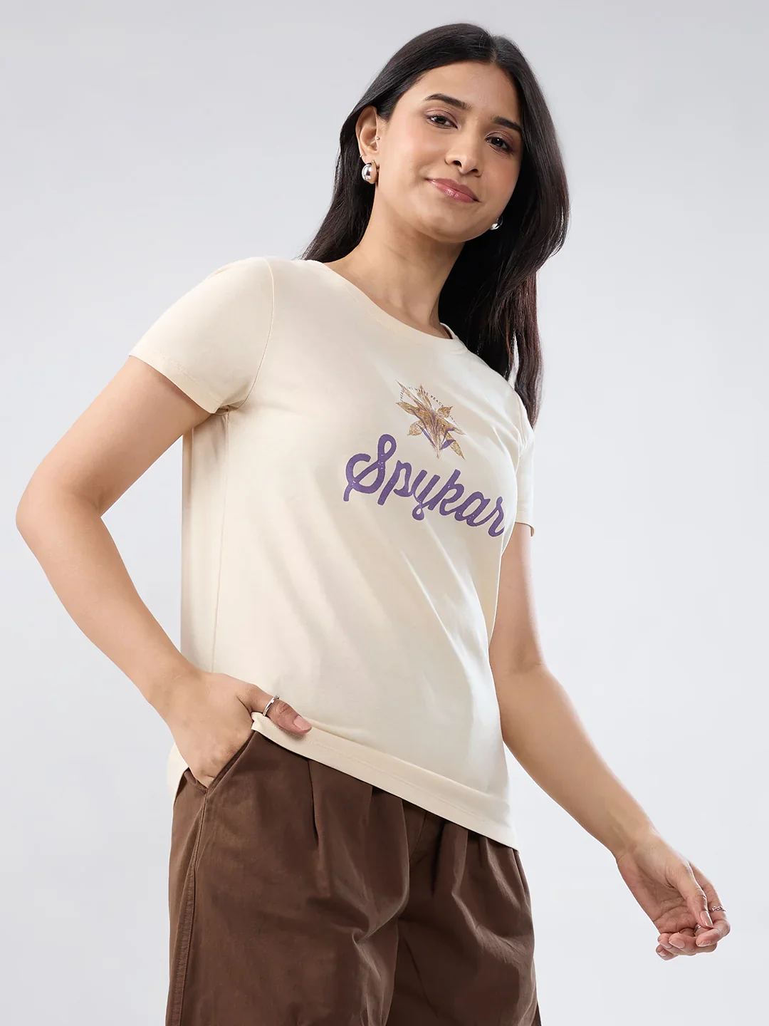 Women T-Shirt Graphic Beige Regular Fit - Image 5
