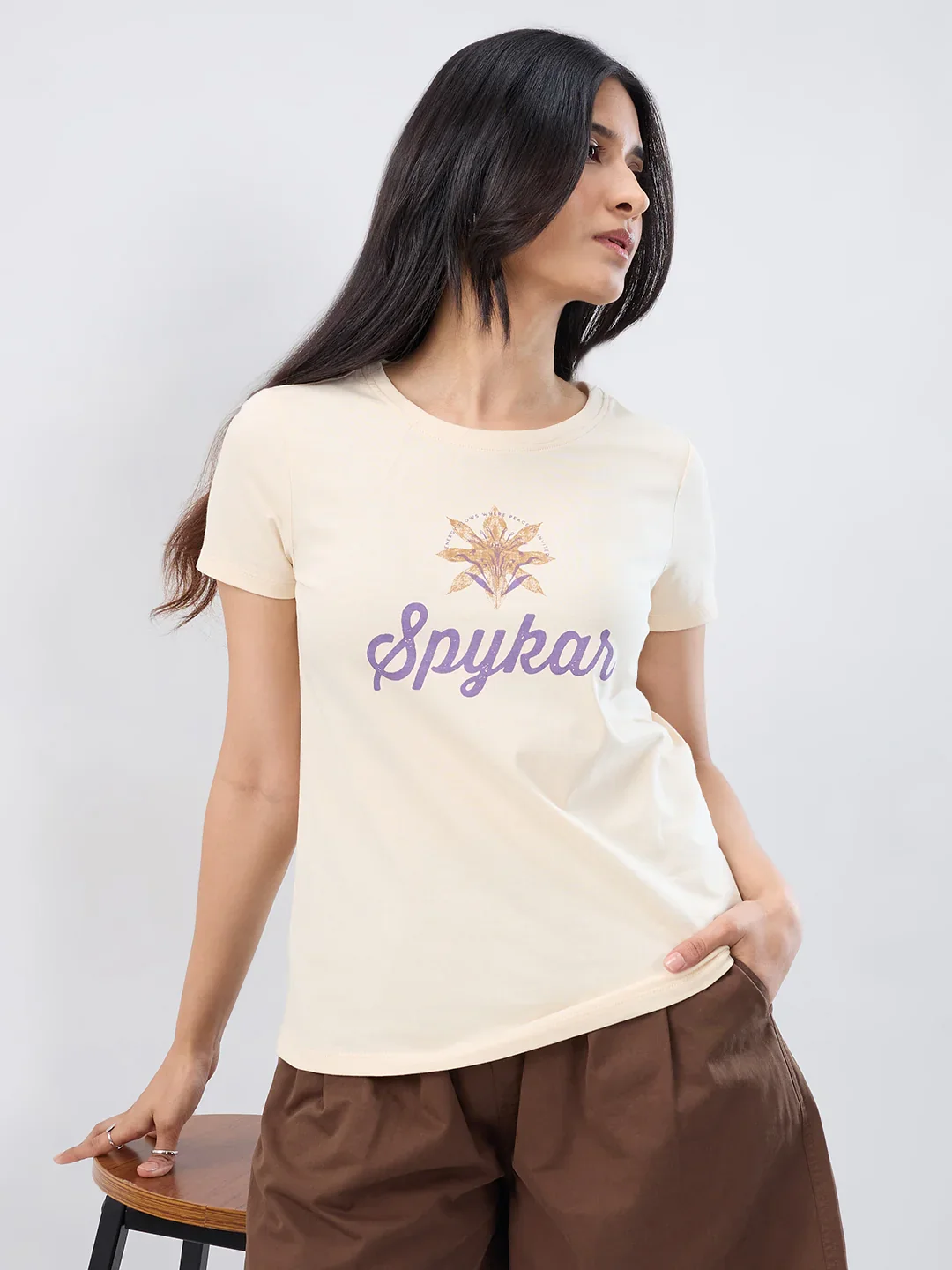 Women T-Shirt Graphic Beige Regular Fit - Image 7