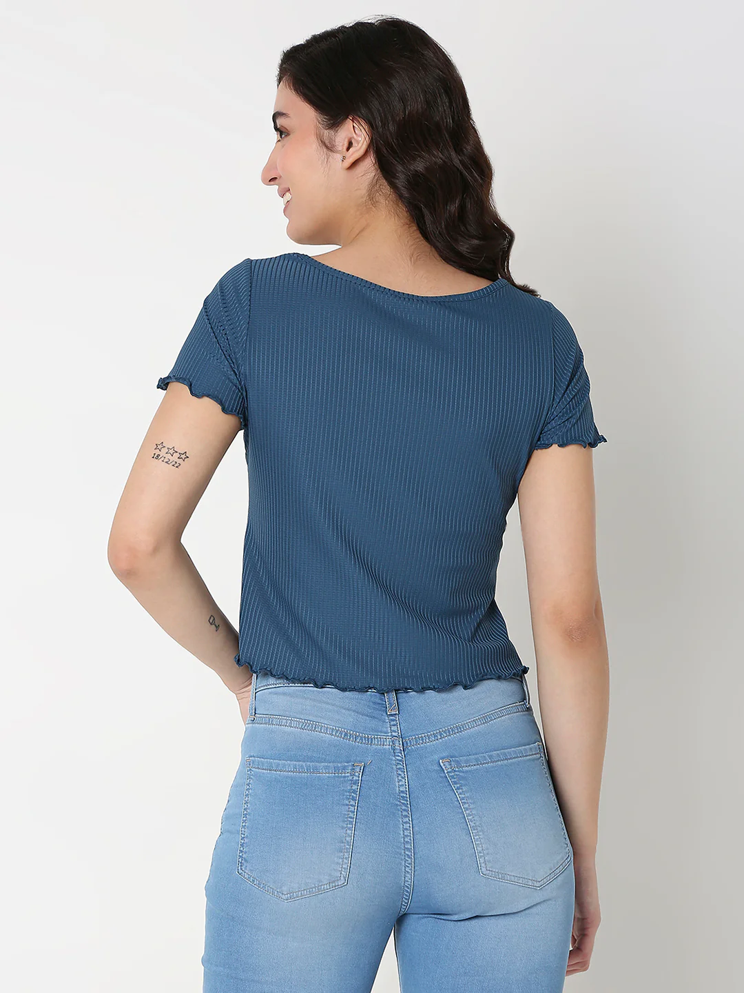 Women T-Shirt Blue Solid Slim Fit - Image 4