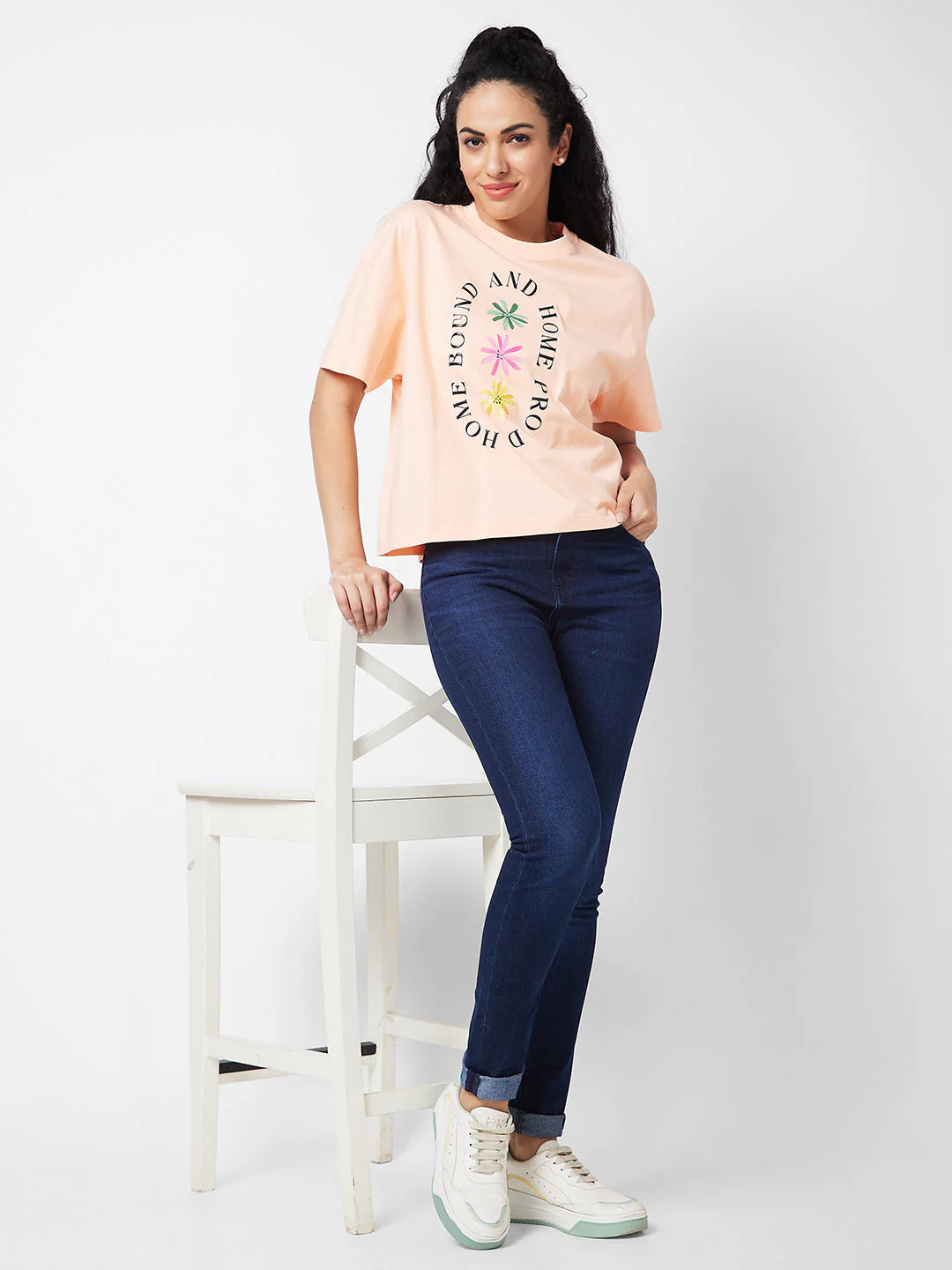 Women T-Shirt Peach Round Neck - Image 6