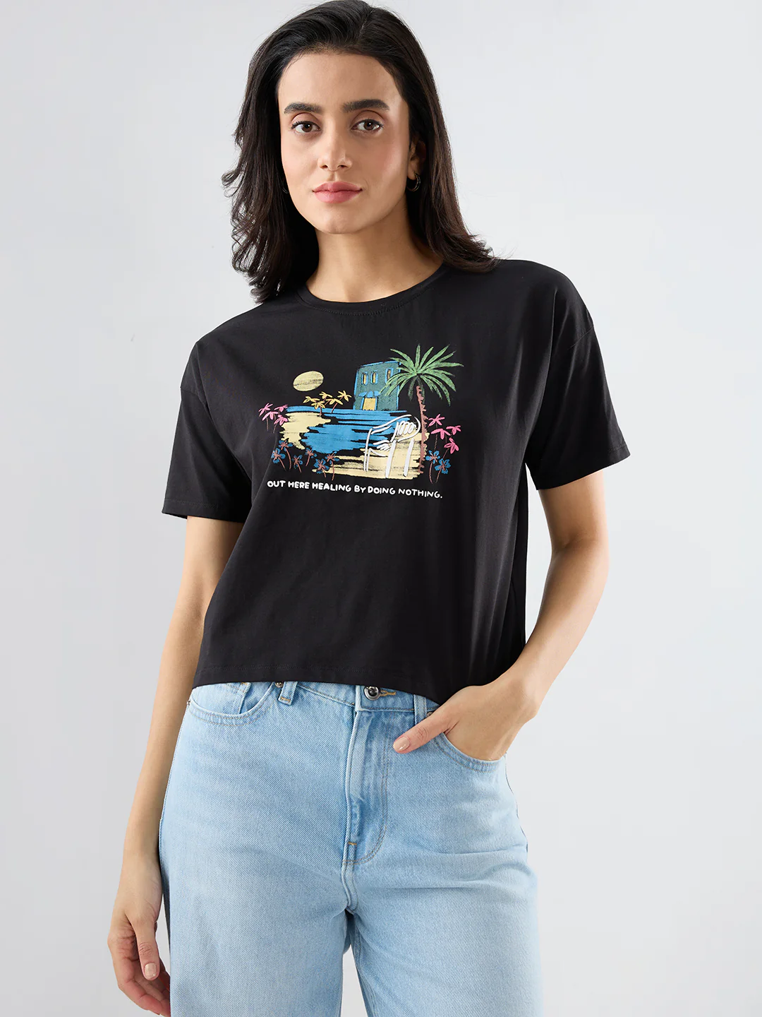 Women T-Shirt Graphic Black Boxy Fit