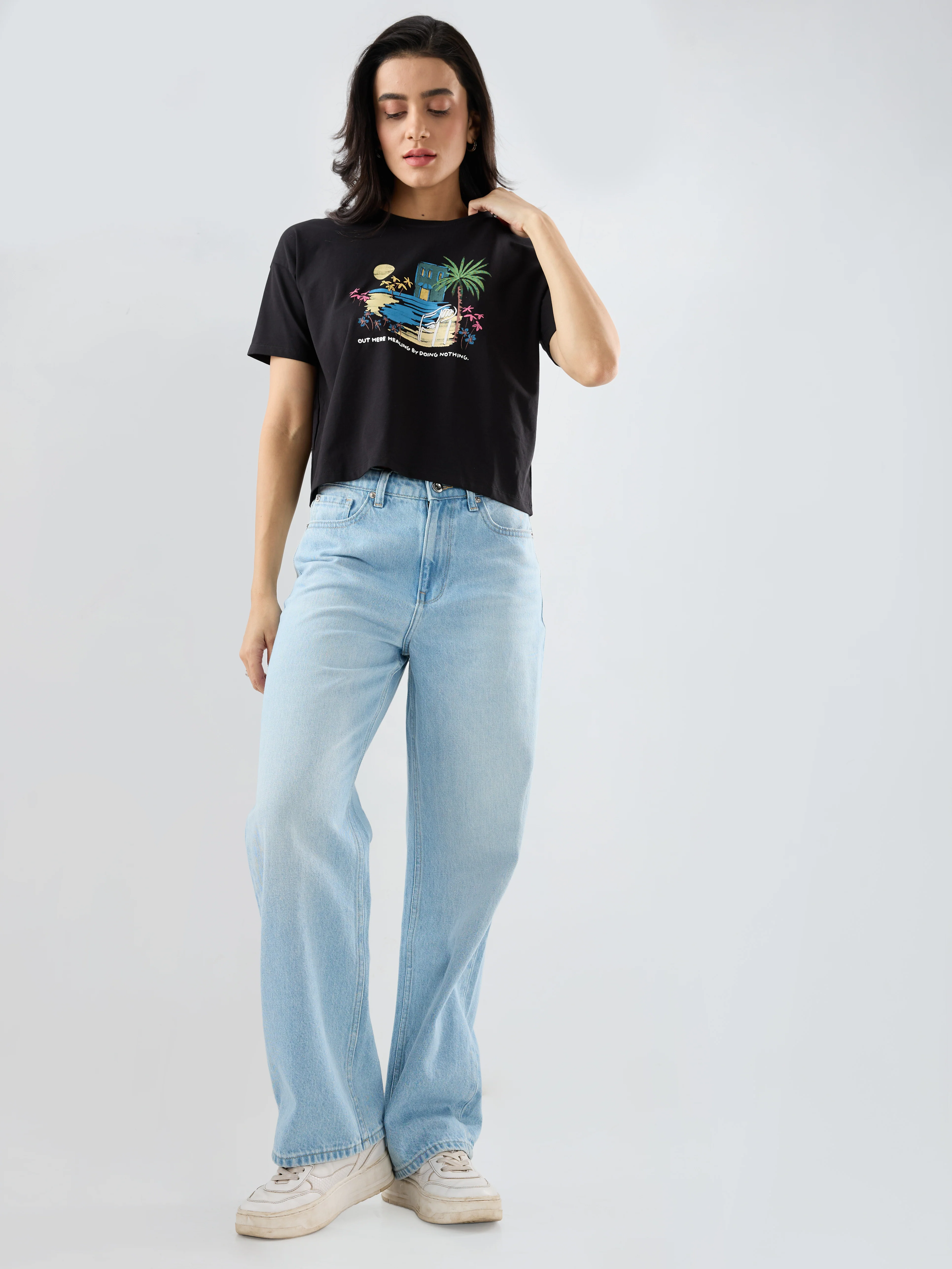 Women T-Shirt Graphic Black Boxy Fit - Image 2