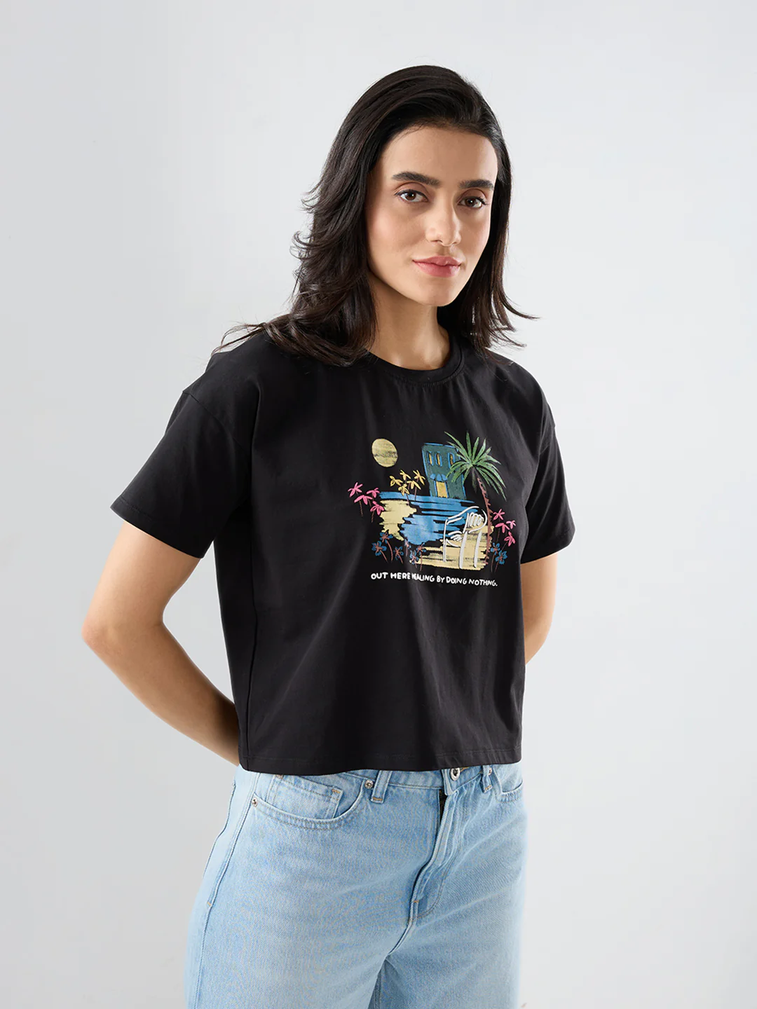 Women T-Shirt Graphic Black Boxy Fit - Image 3