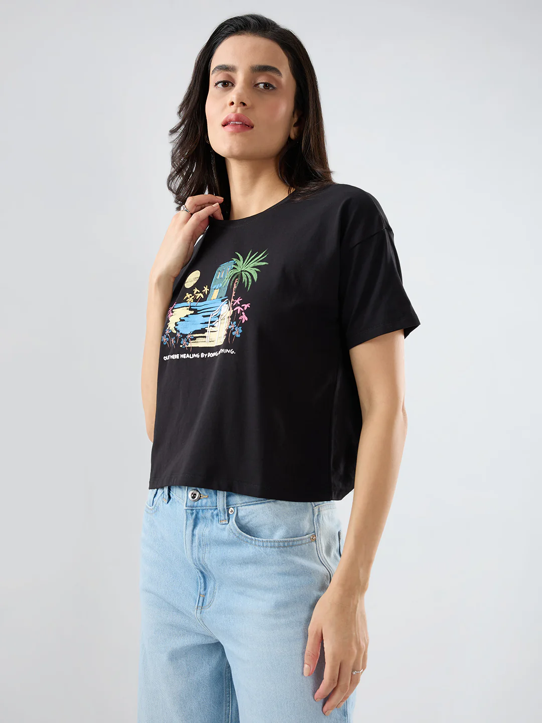 Women T-Shirt Graphic Black Boxy Fit - Image 4
