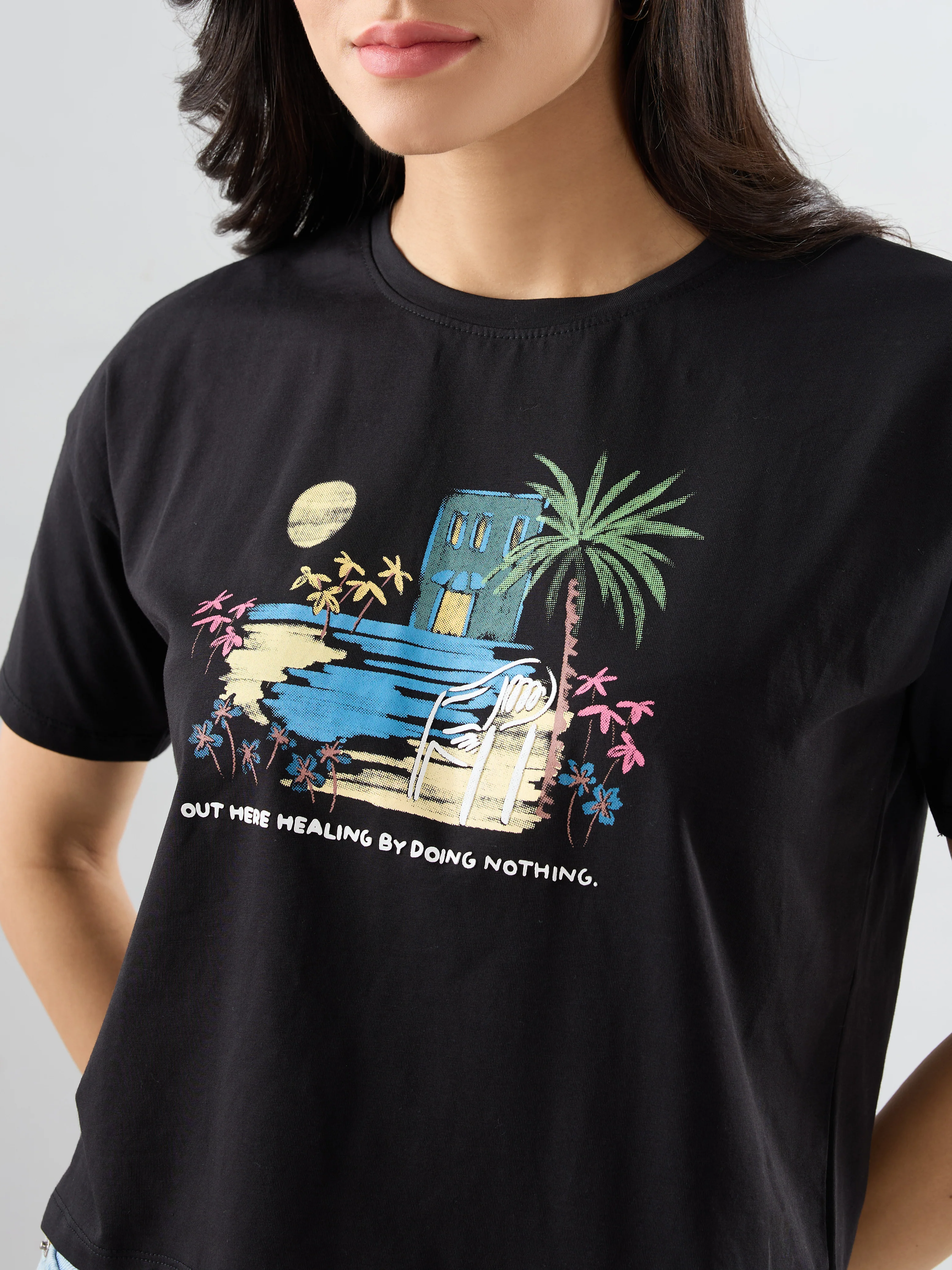 Women T-Shirt Graphic Black Boxy Fit - Image 6
