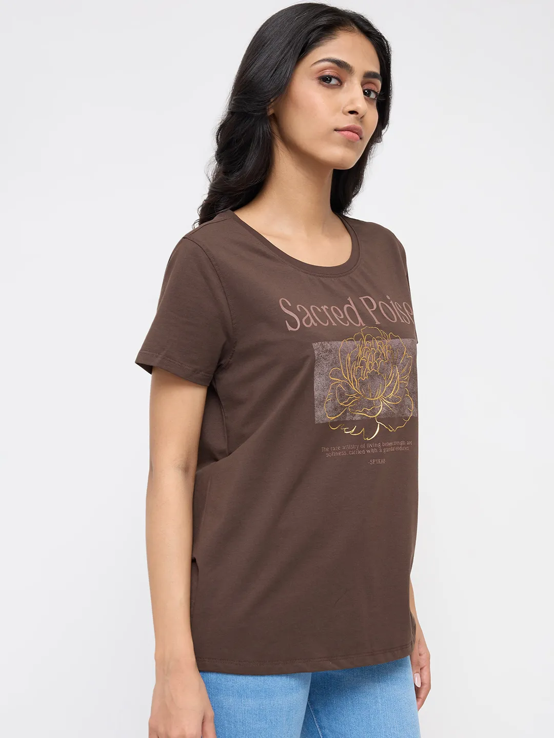 Women T-Shirt Graphic Brown Regular Fit - Image 3