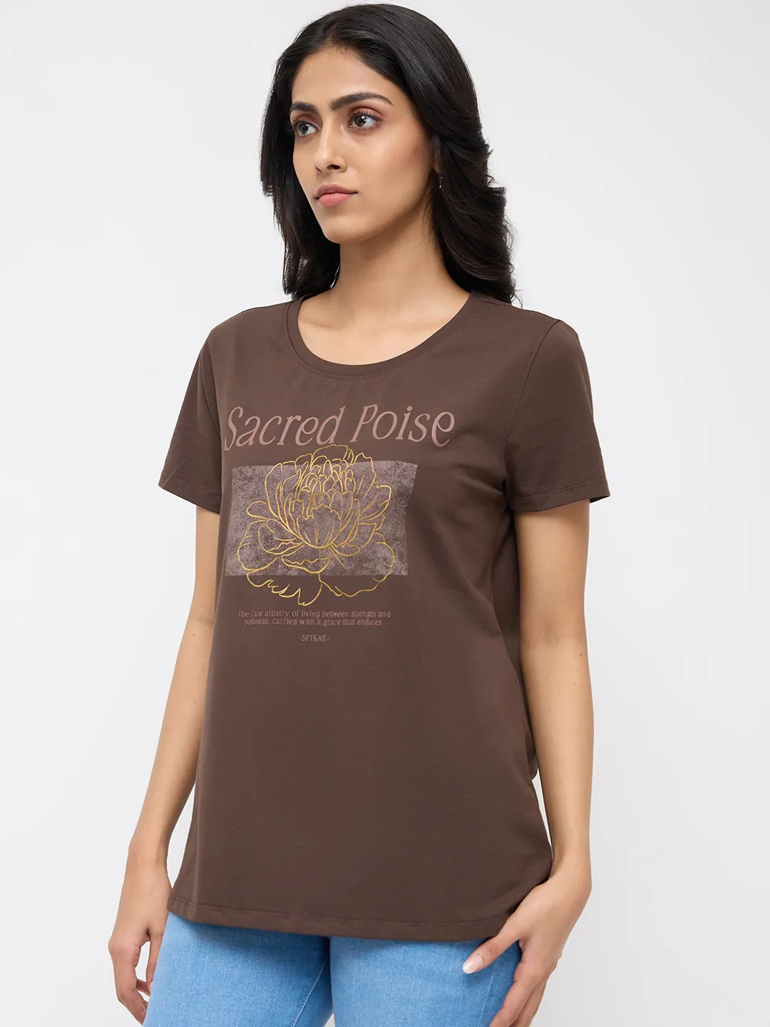 Women T-Shirt Graphic Brown Regular Fit - Image 4