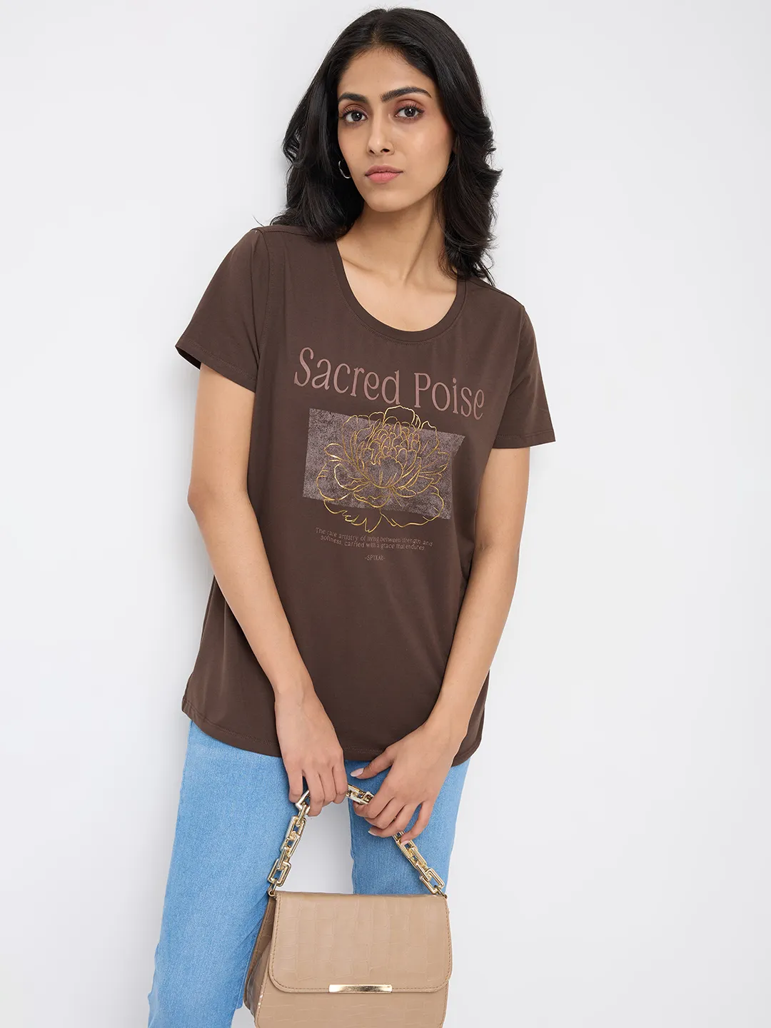 Women T-Shirt Graphic Brown Regular Fit - Image 7