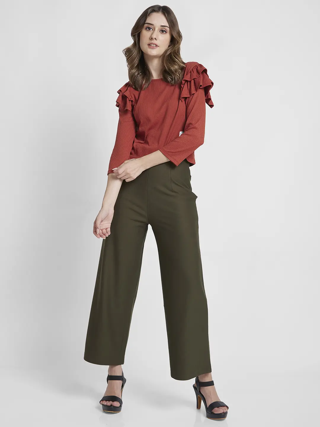 Women T-Shirt Brown Solid Regular Fit - Image 2