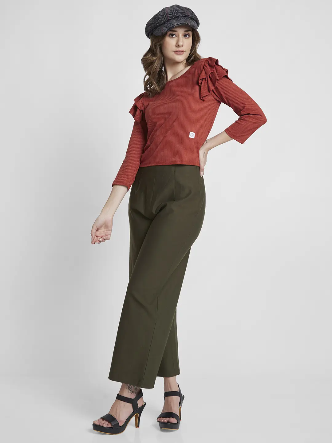 Women T-Shirt Brown Solid Regular Fit - Image 6