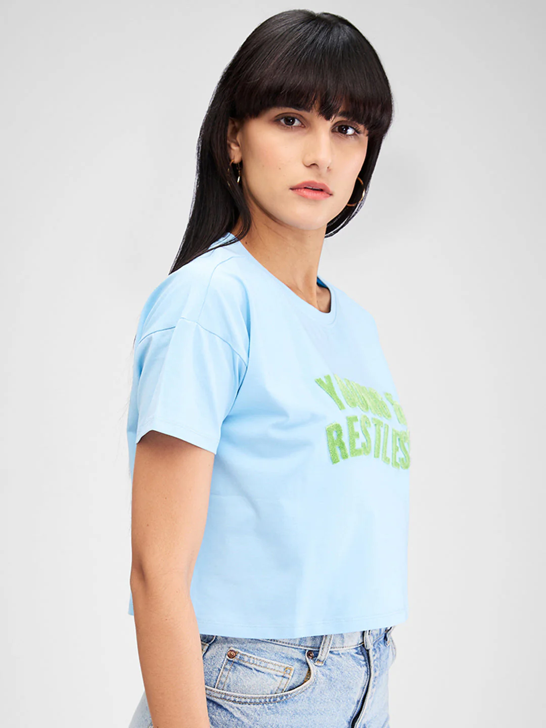 Women T-Shirt Solid Blue Boxy Fit - Image 4