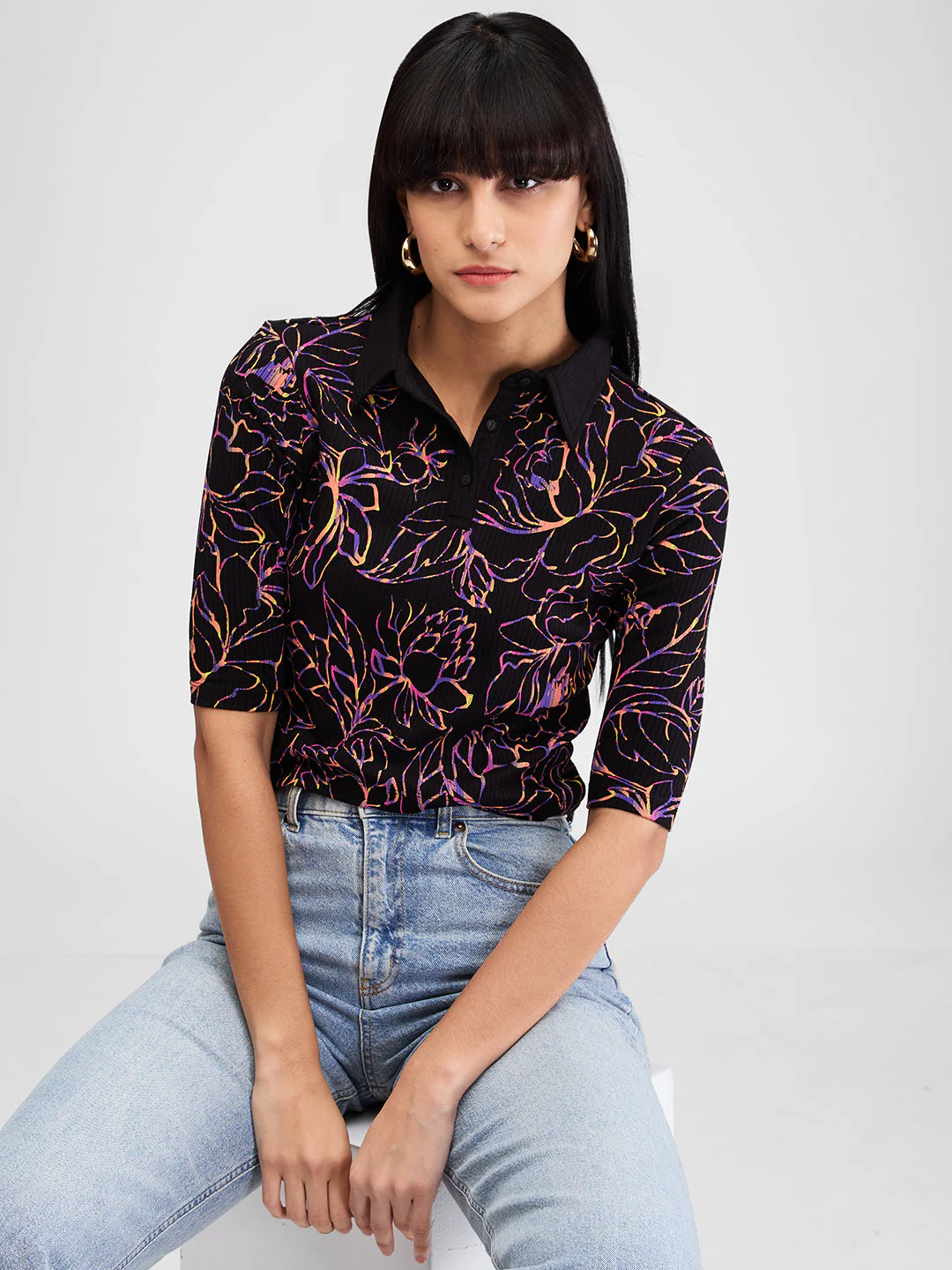 Women T-Shirt Print Black Slim Fit - Image 6