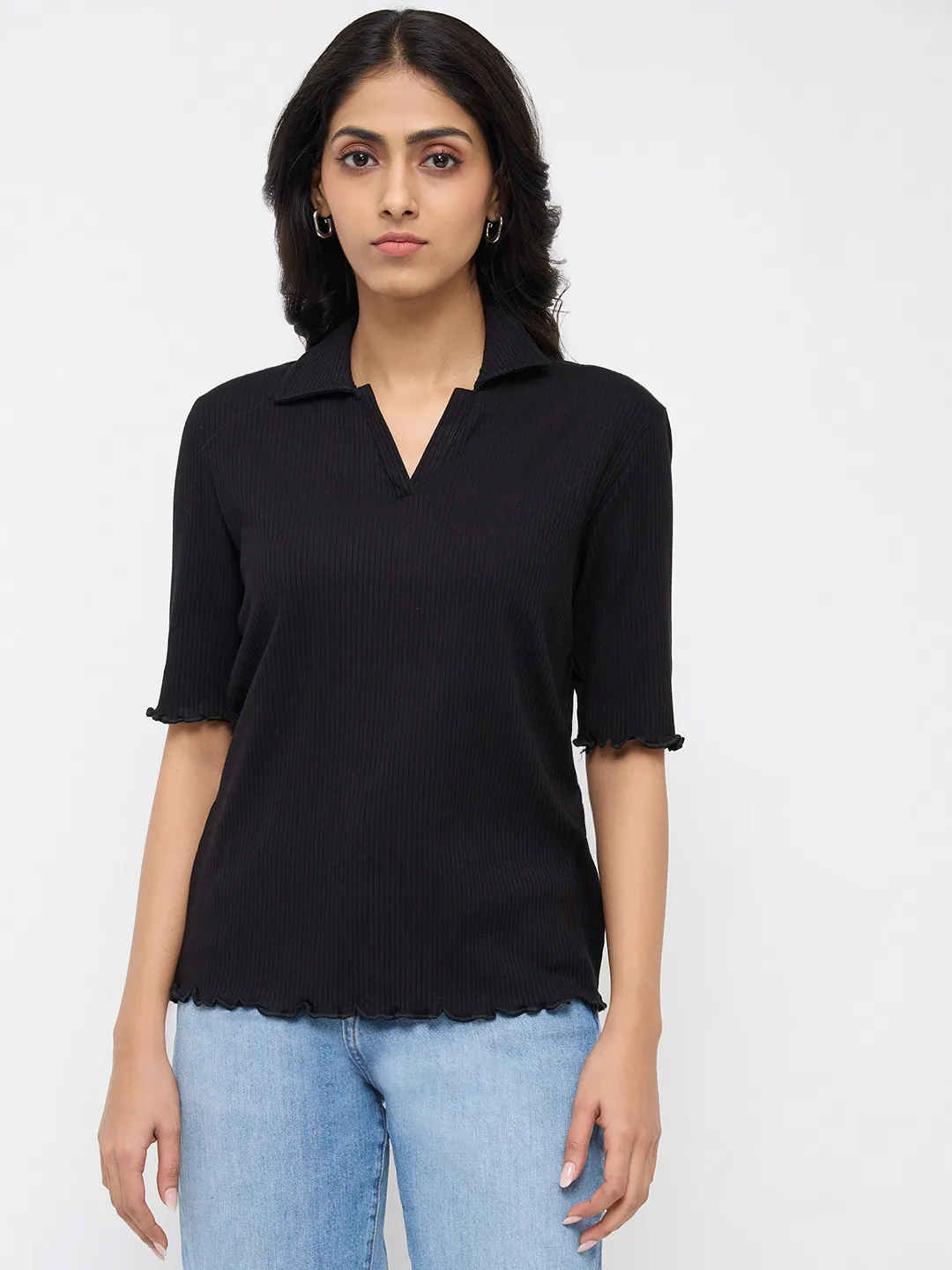 Women T-Shirt Textured Black Regular Fit