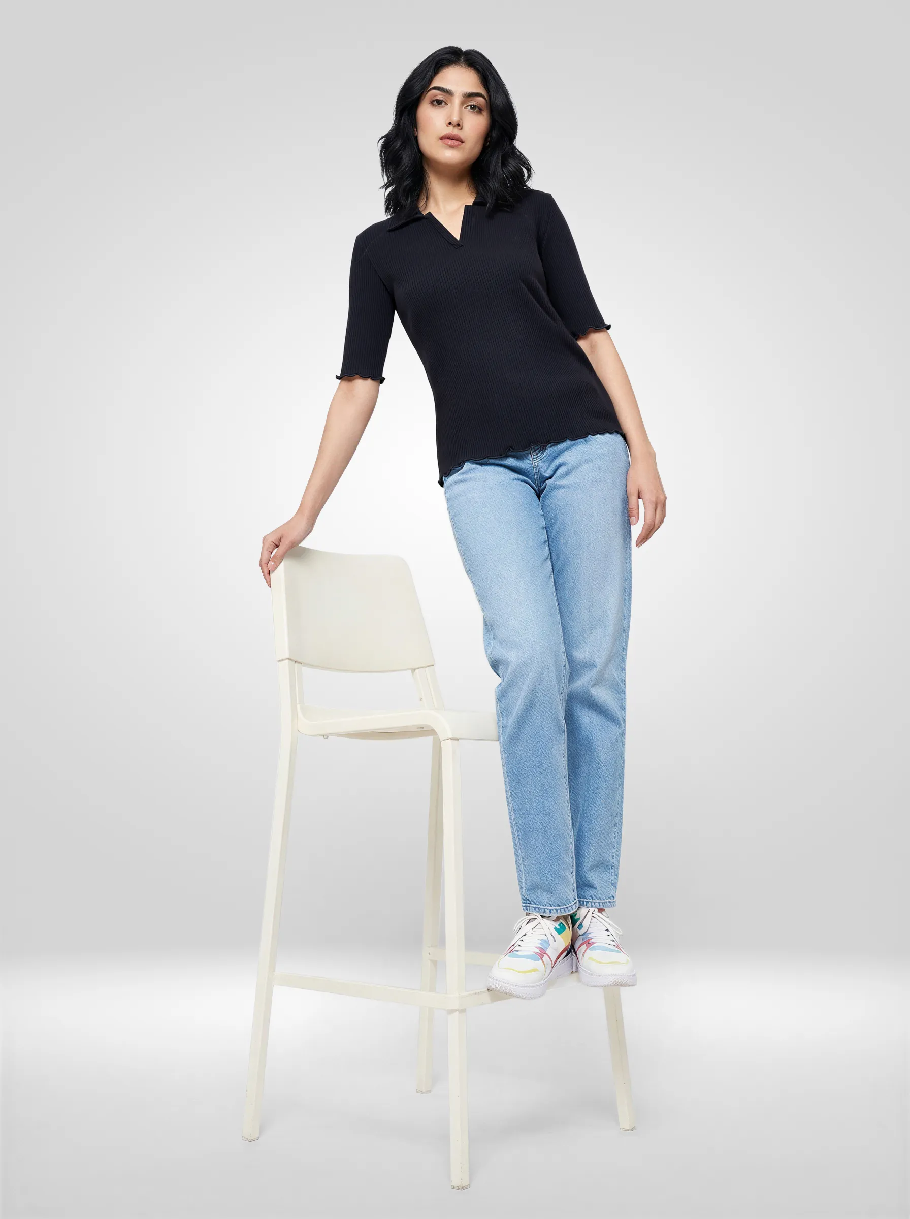 Women T-Shirt Textured Black Regular Fit - Image 2