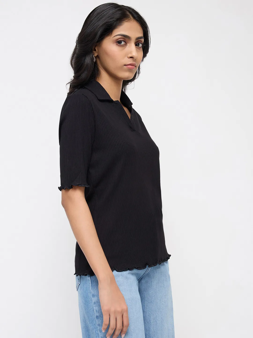 Women T-Shirt Textured Black Regular Fit - Image 3
