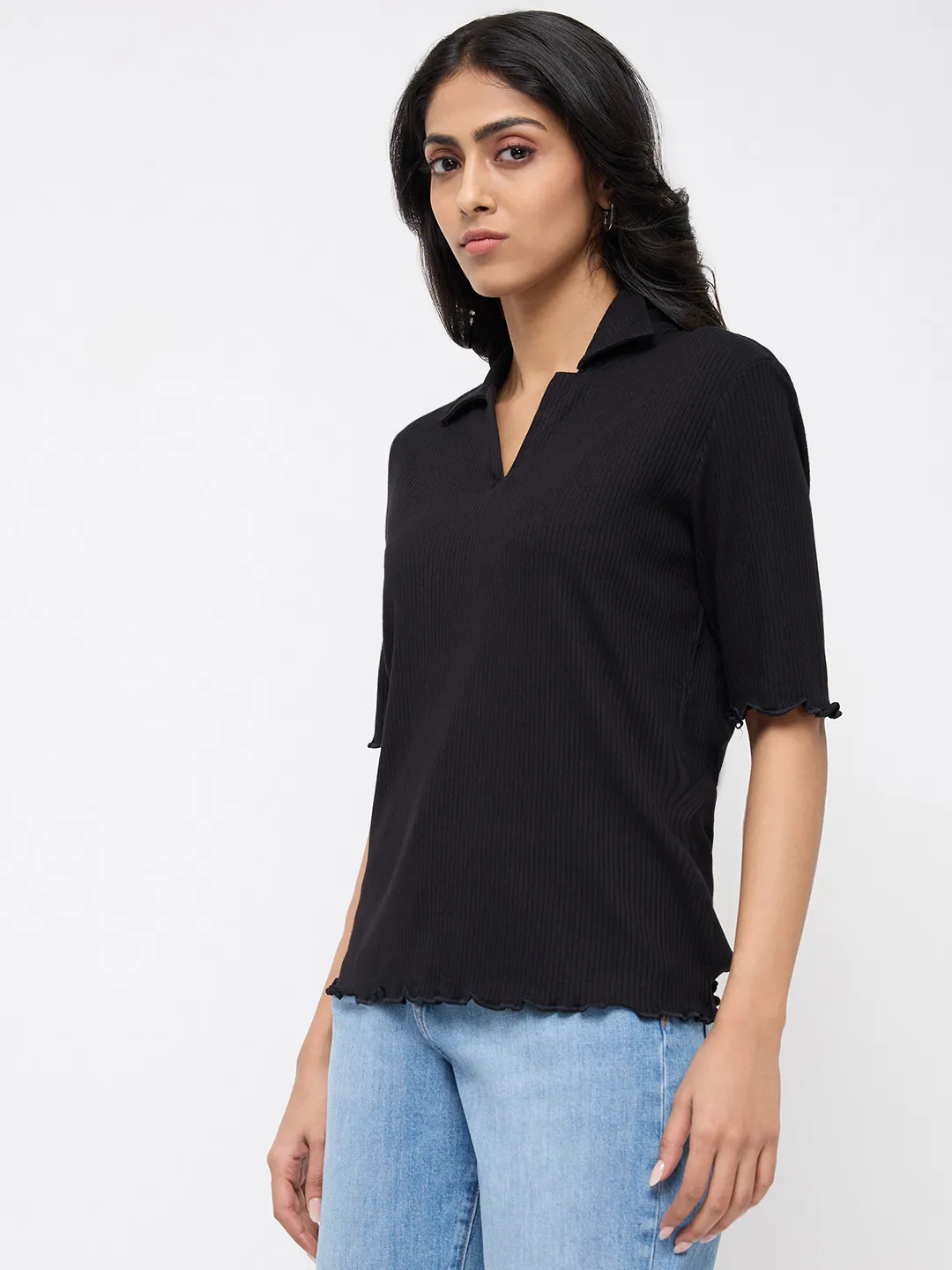 Women T-Shirt Textured Black Regular Fit - Image 4