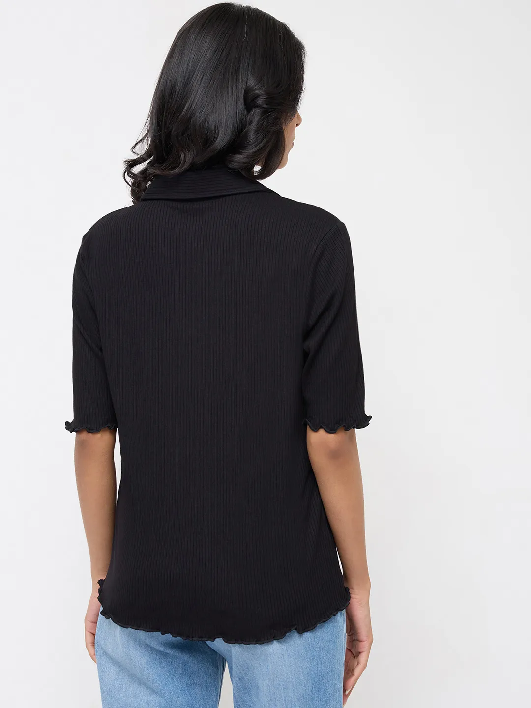 Women T-Shirt Textured Black Regular Fit - Image 5