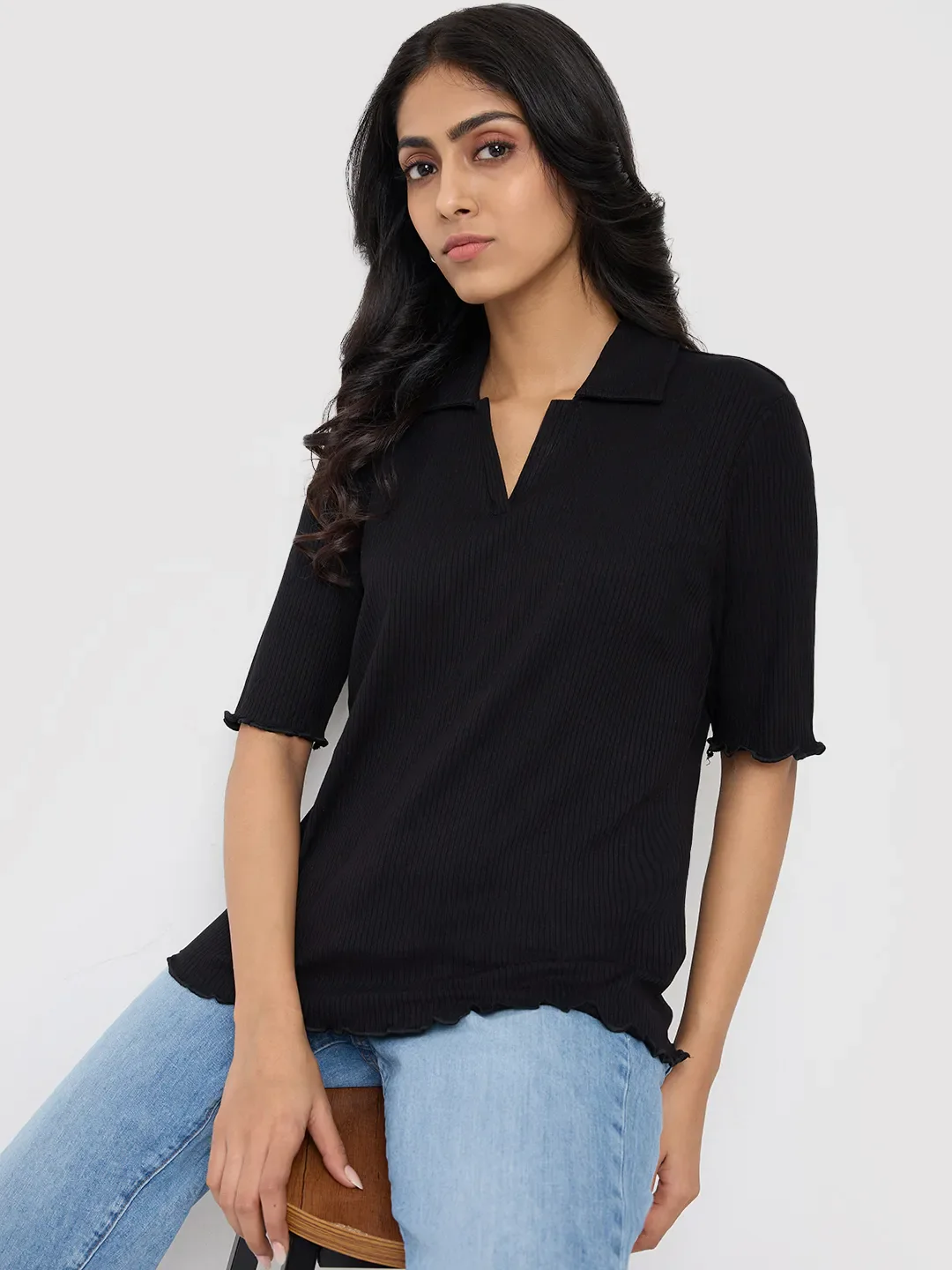 Women T-Shirt Textured Black Regular Fit - Image 6