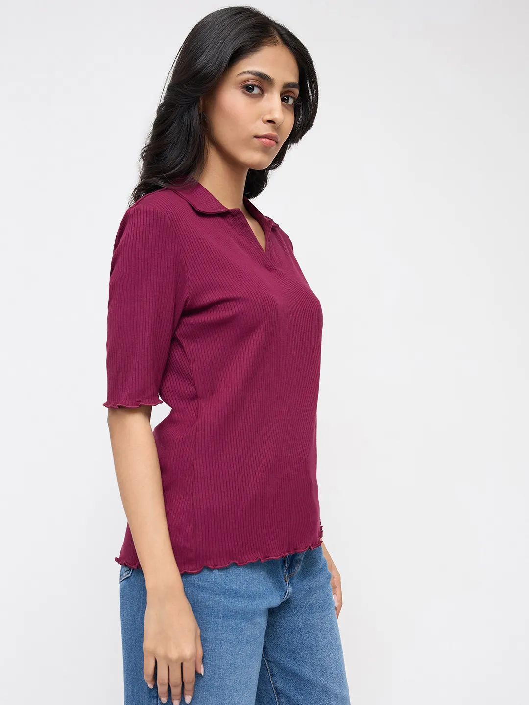 Women T-Shirt Textured Red Regular Fit - Image 3
