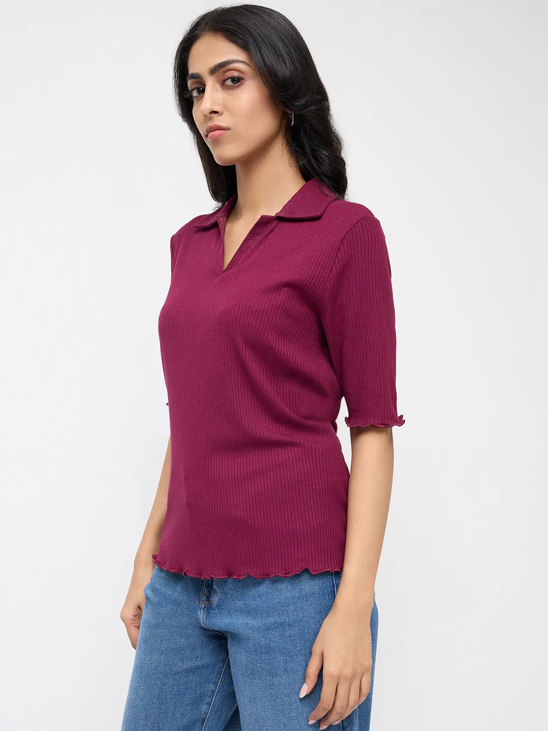 Women T-Shirt Textured Red Regular Fit - Image 4