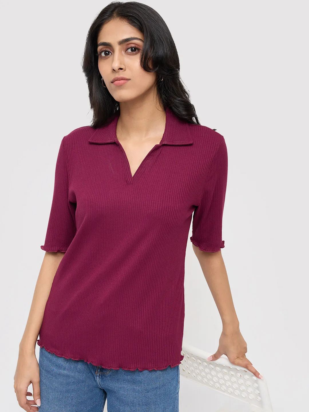 Women T-Shirt Textured Red Regular Fit - Image 7
