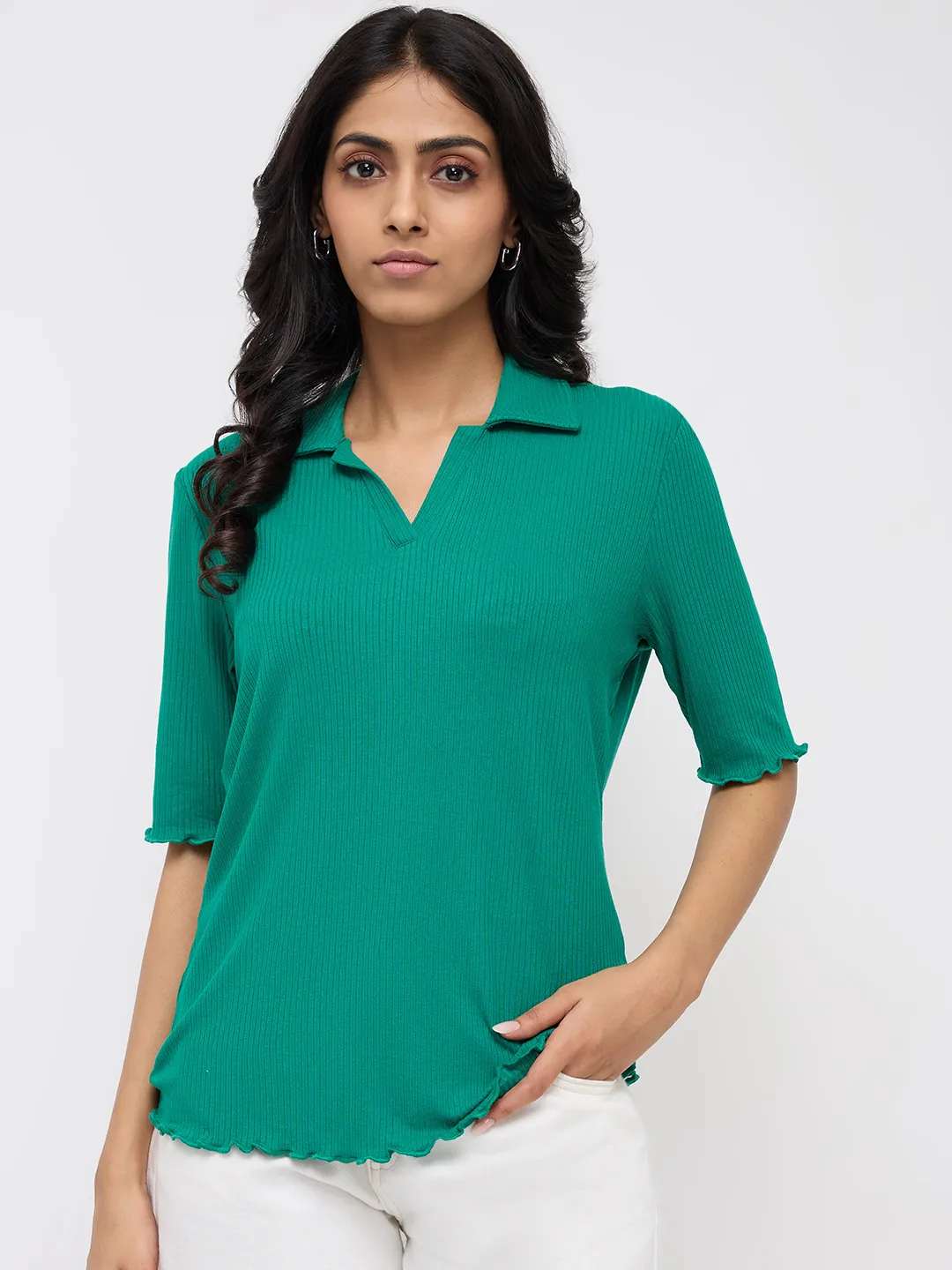Women T-Shirt Textured Green Regular Fit