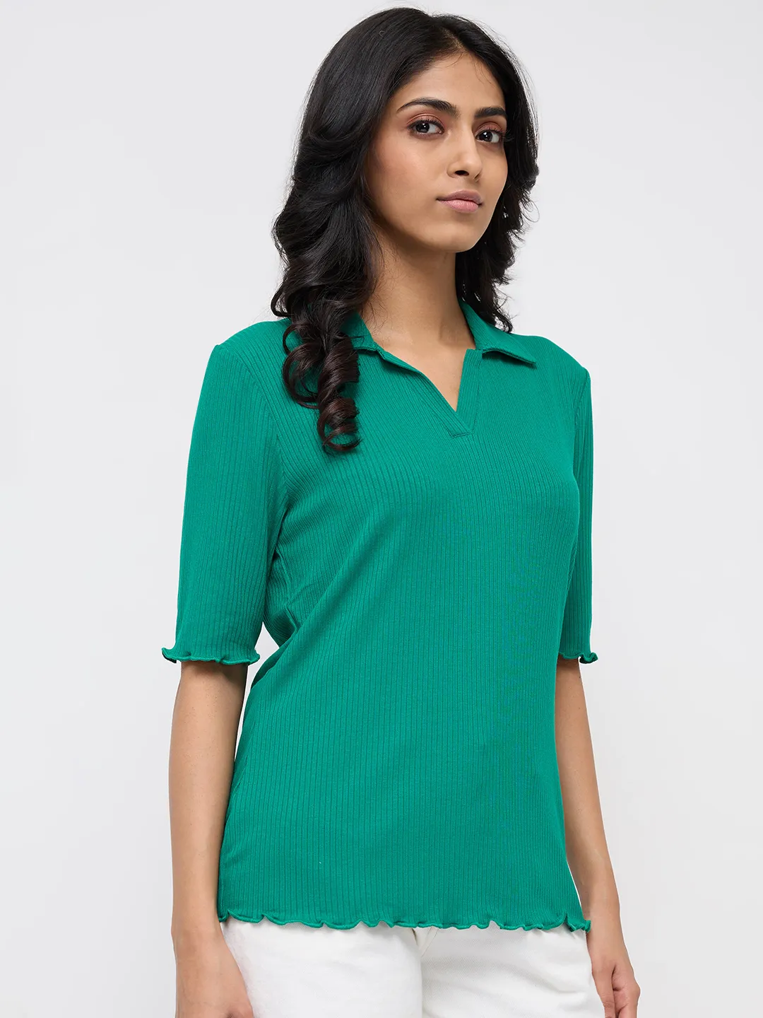 Women T-Shirt Textured Green Regular Fit - Image 3
