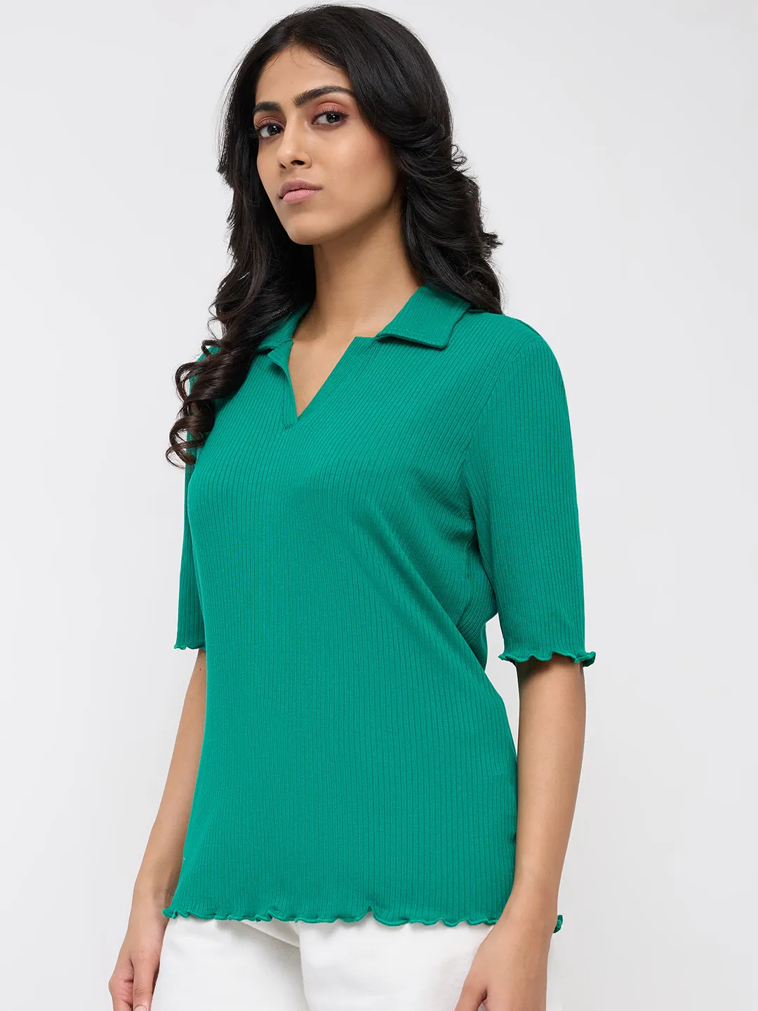 Women T-Shirt Textured Green Regular Fit - Image 4