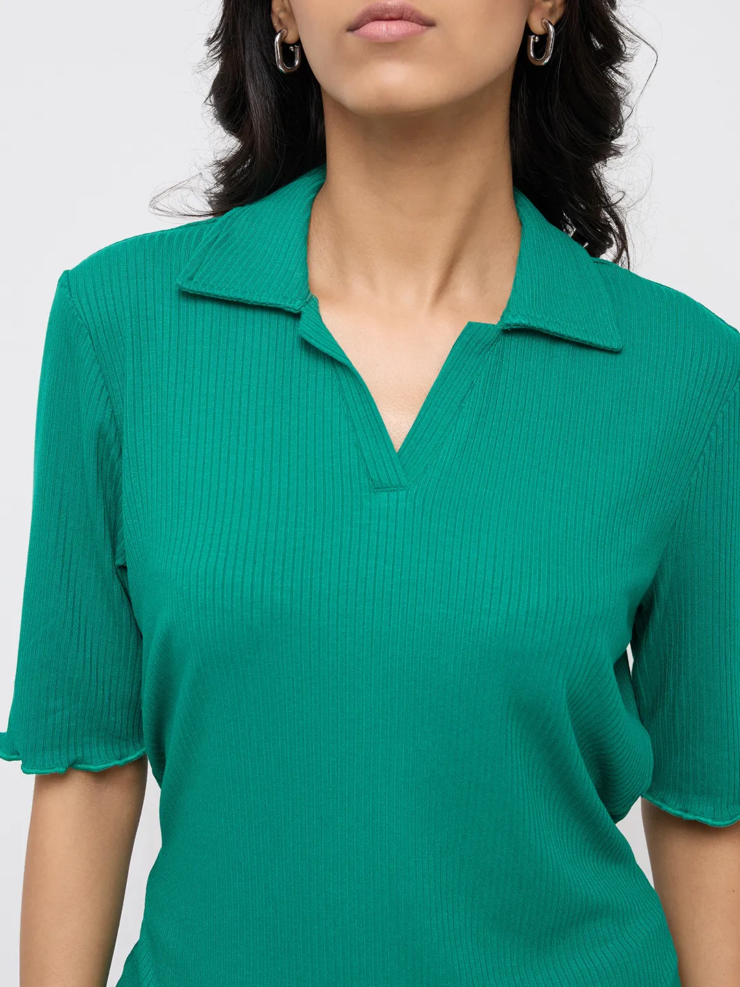Women T-Shirt Textured Green Regular Fit - Image 6