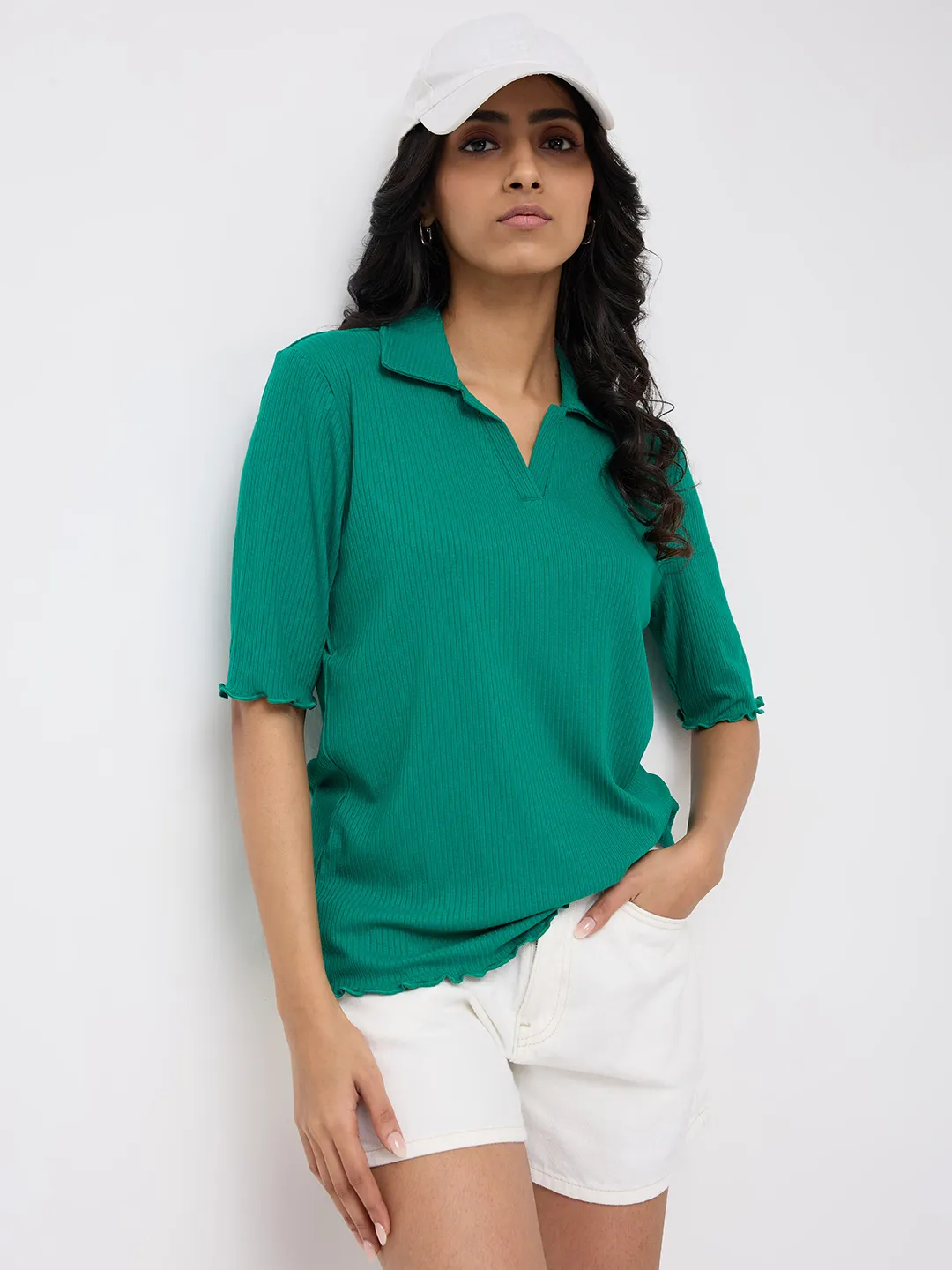 Women T-Shirt Textured Green Regular Fit - Image 7