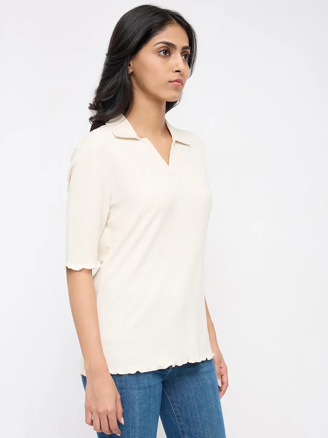 Women T-Shirt Textured White Regular Fit - Image 3