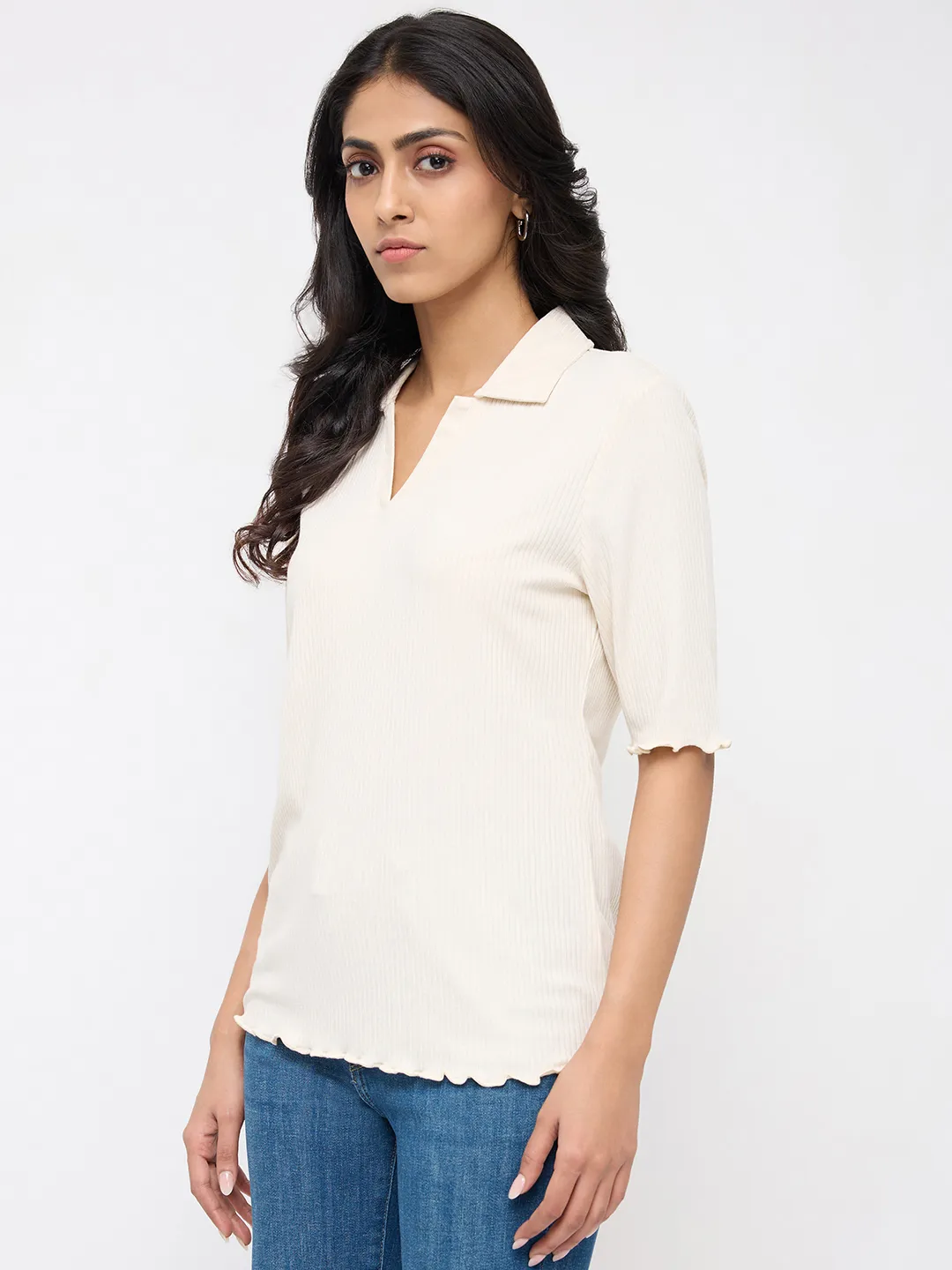 Women T-Shirt Textured White Regular Fit - Image 4
