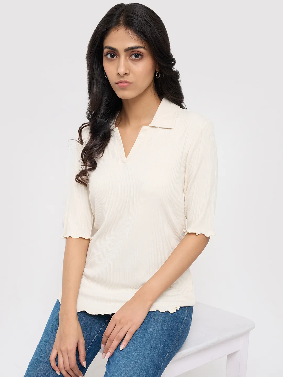Women T-Shirt Textured White Regular Fit - Image 7