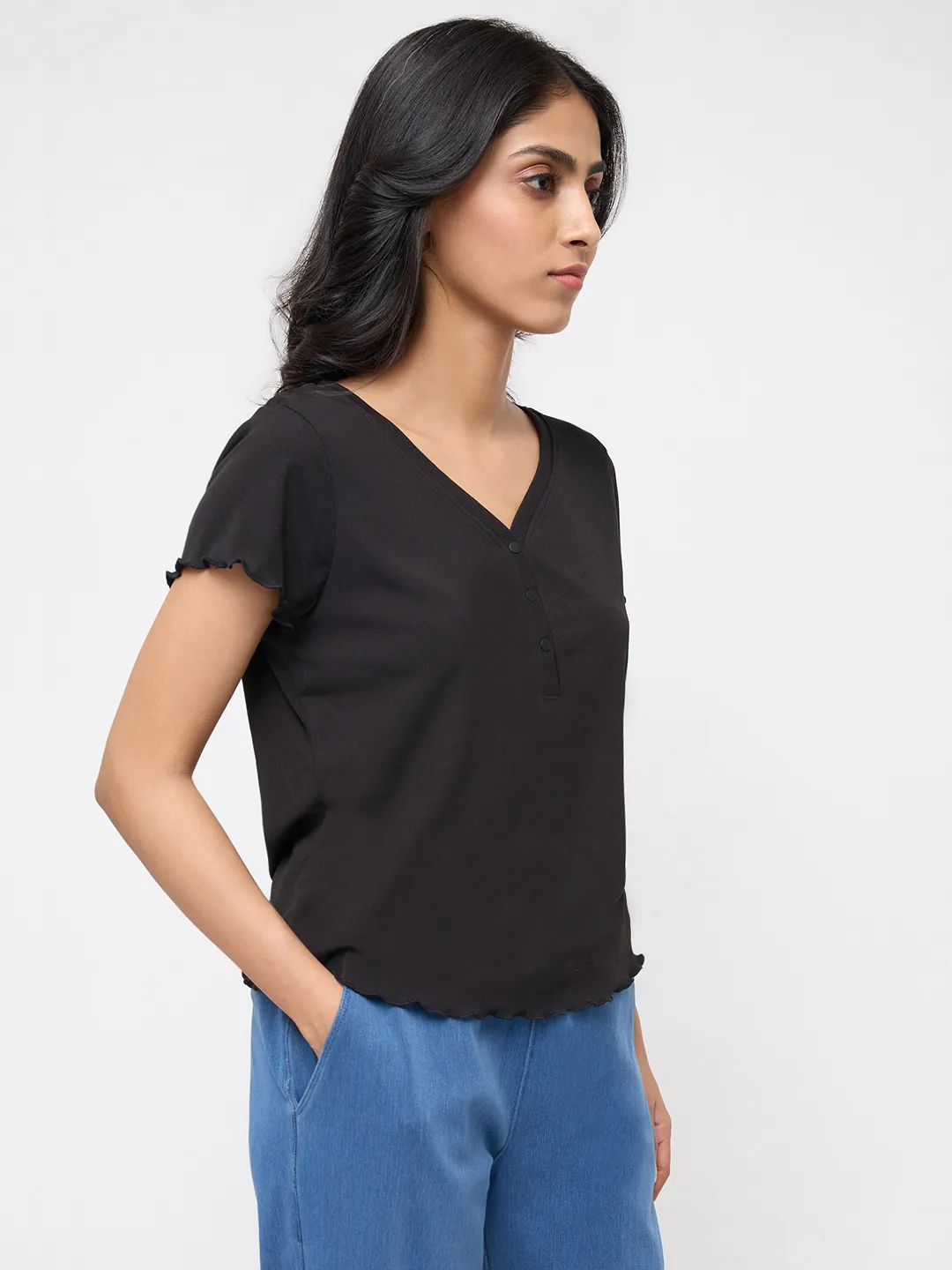 Women T-Shirt Textured Black Regular Fit - Image 3