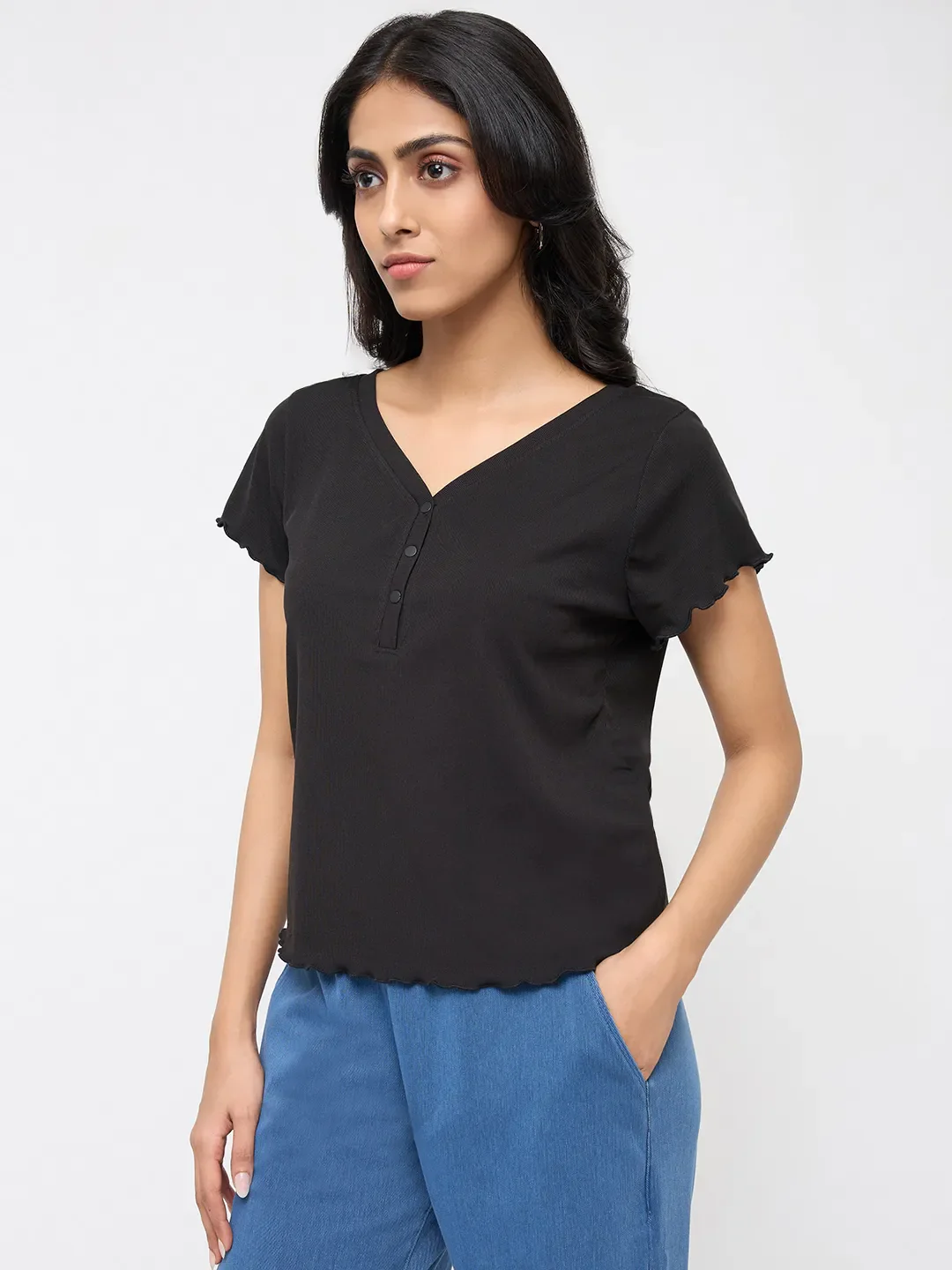 Women T-Shirt Textured Black Regular Fit - Image 4