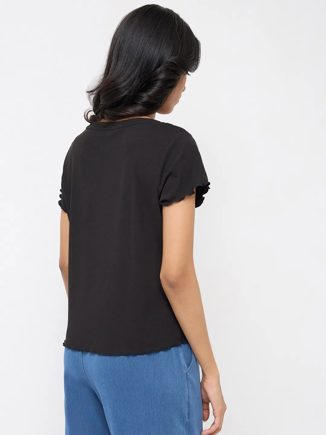 Women T-Shirt Textured Black Regular Fit - Image 5