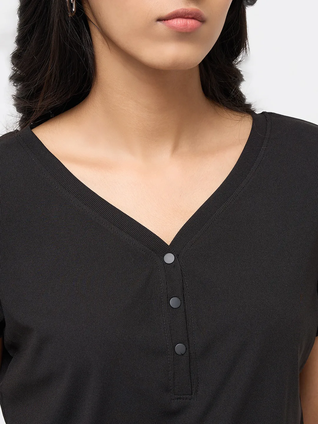Women T-Shirt Textured Black Regular Fit - Image 6